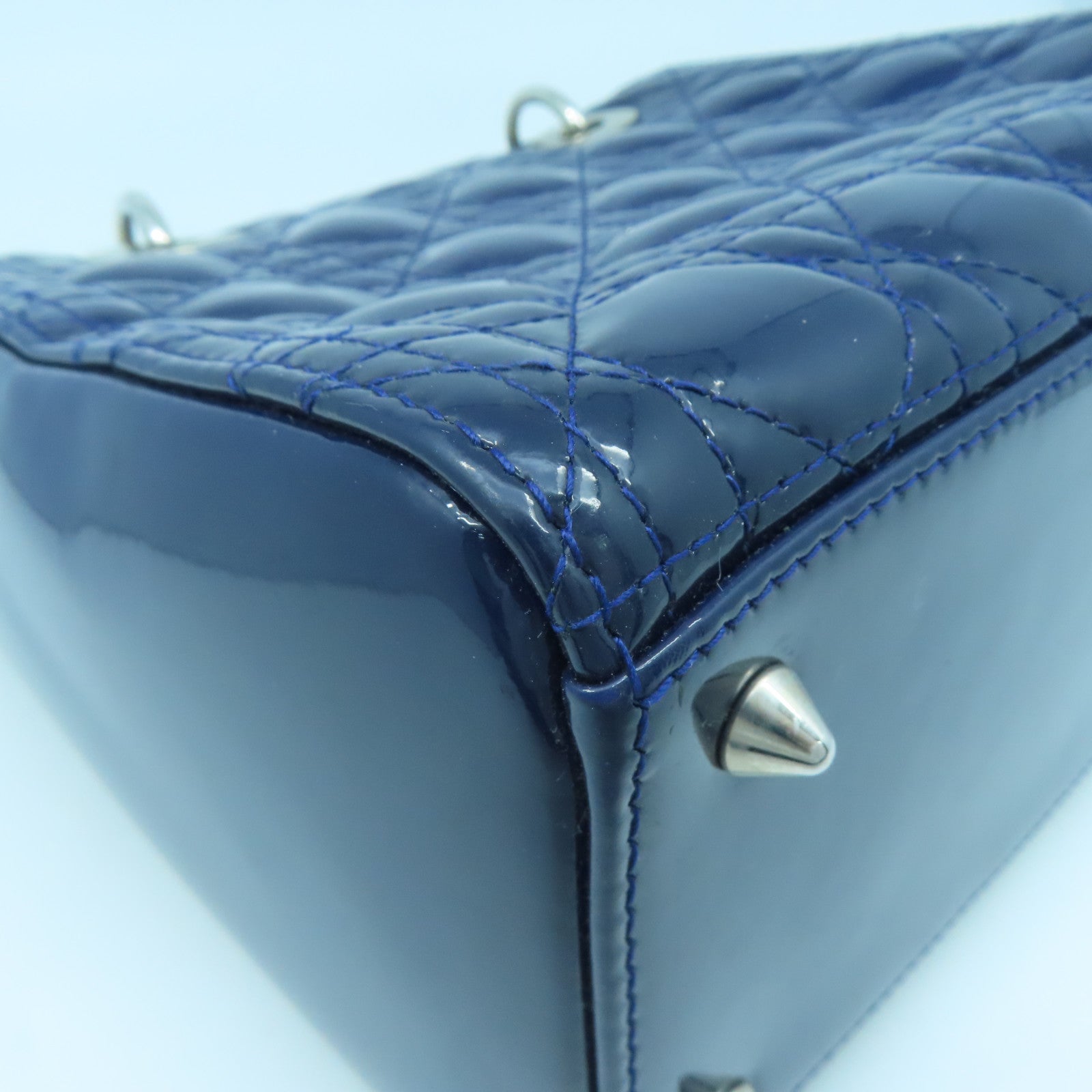 Dior Patent Leather Lady Dior Shoulder Silver Buckle Handle Shoulder Bag Dark Blue