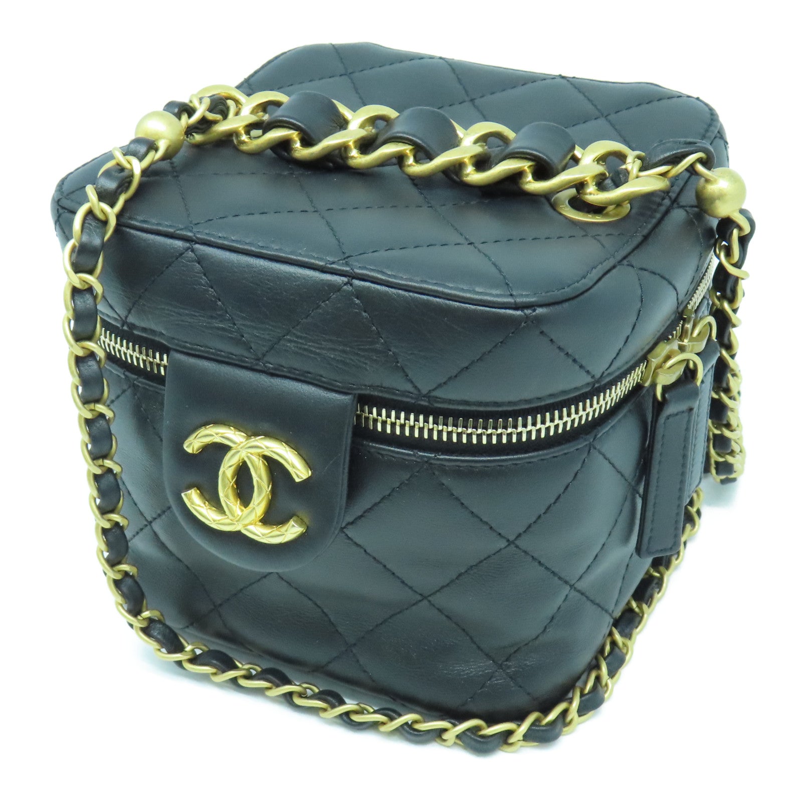 CHANEL 菱格牛皮皮革Chain Shoulder Bag金扣鏈帶肩背袋黑色