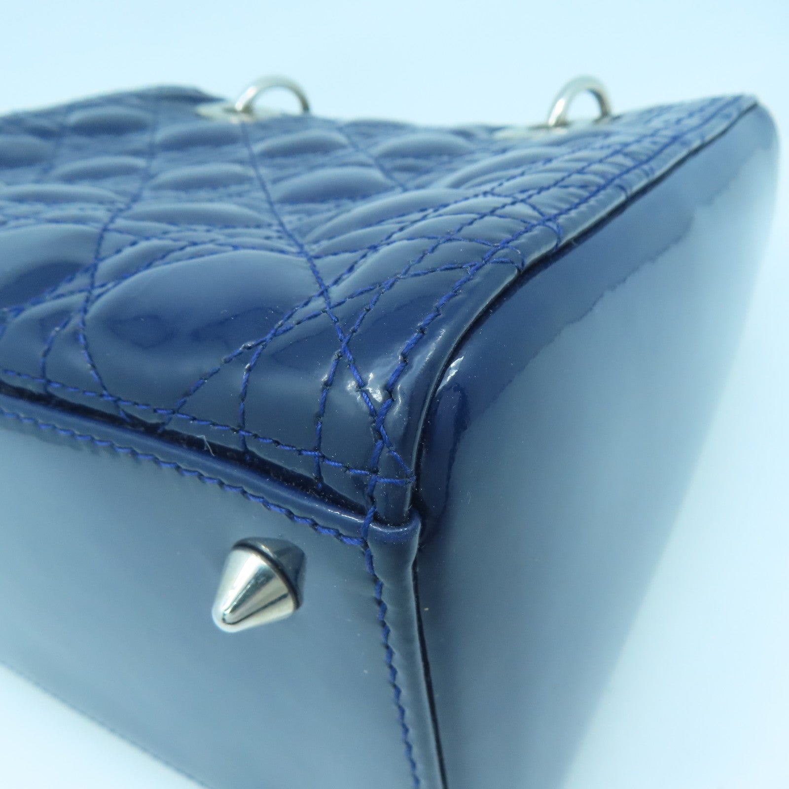Dior Patent Leather Lady Dior Shoulder Silver Buckle Handle Shoulder Bag Dark Blue