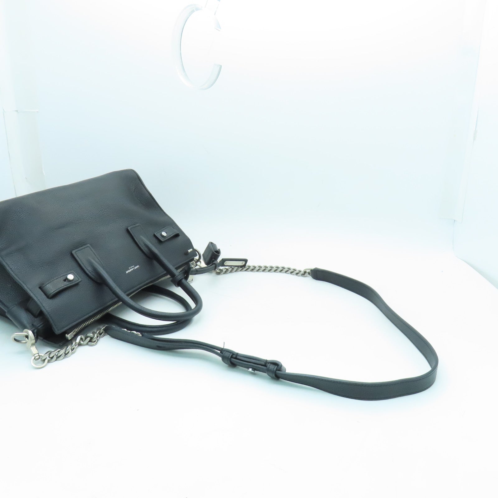 SAINT LAURENT Cowhide Leather 2way Shoulder Bag Silver Buckle Handle Shoulder Bag Black