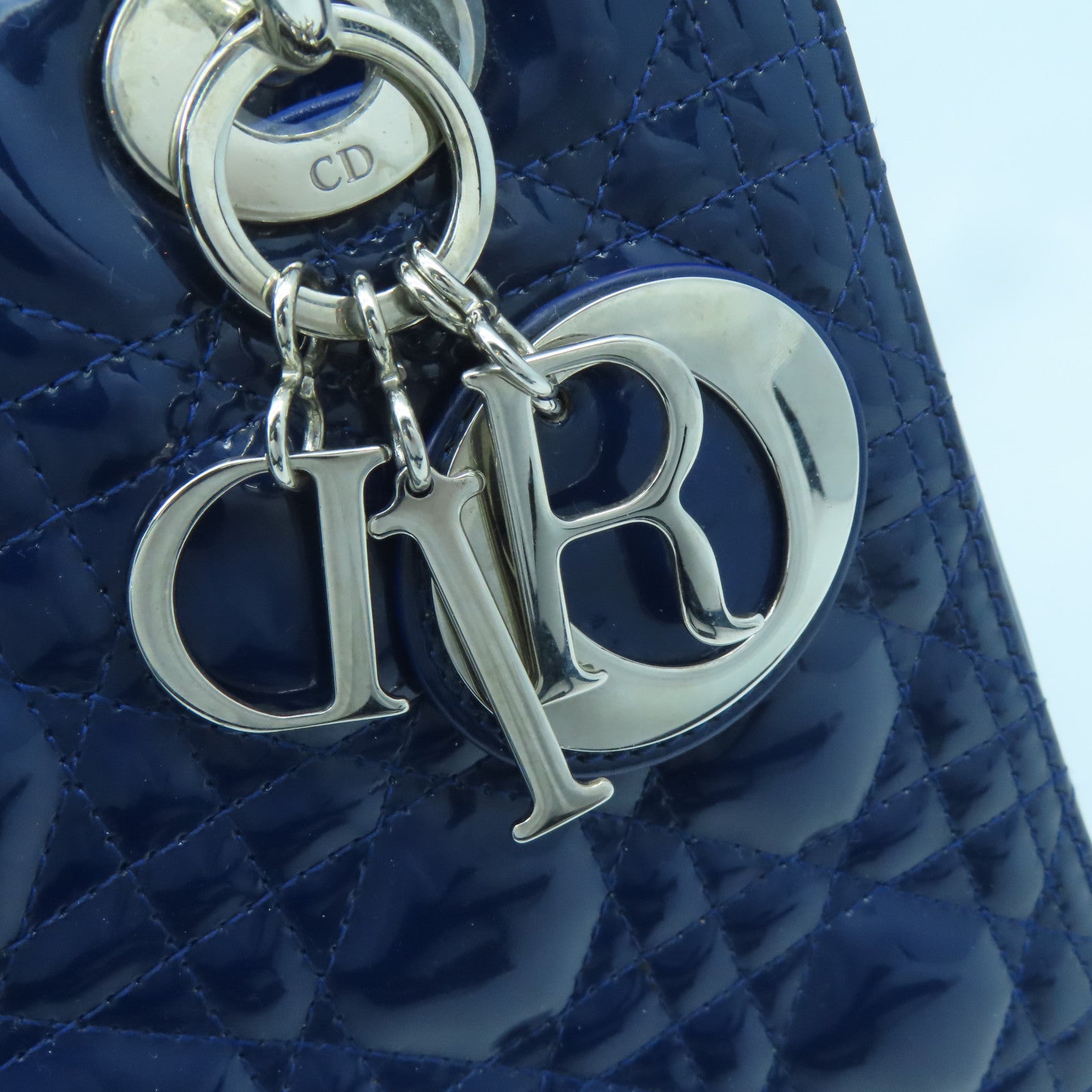 Dior Patent Leather Lady Dior Shoulder Silver Buckle Handle Shoulder Bag Dark Blue