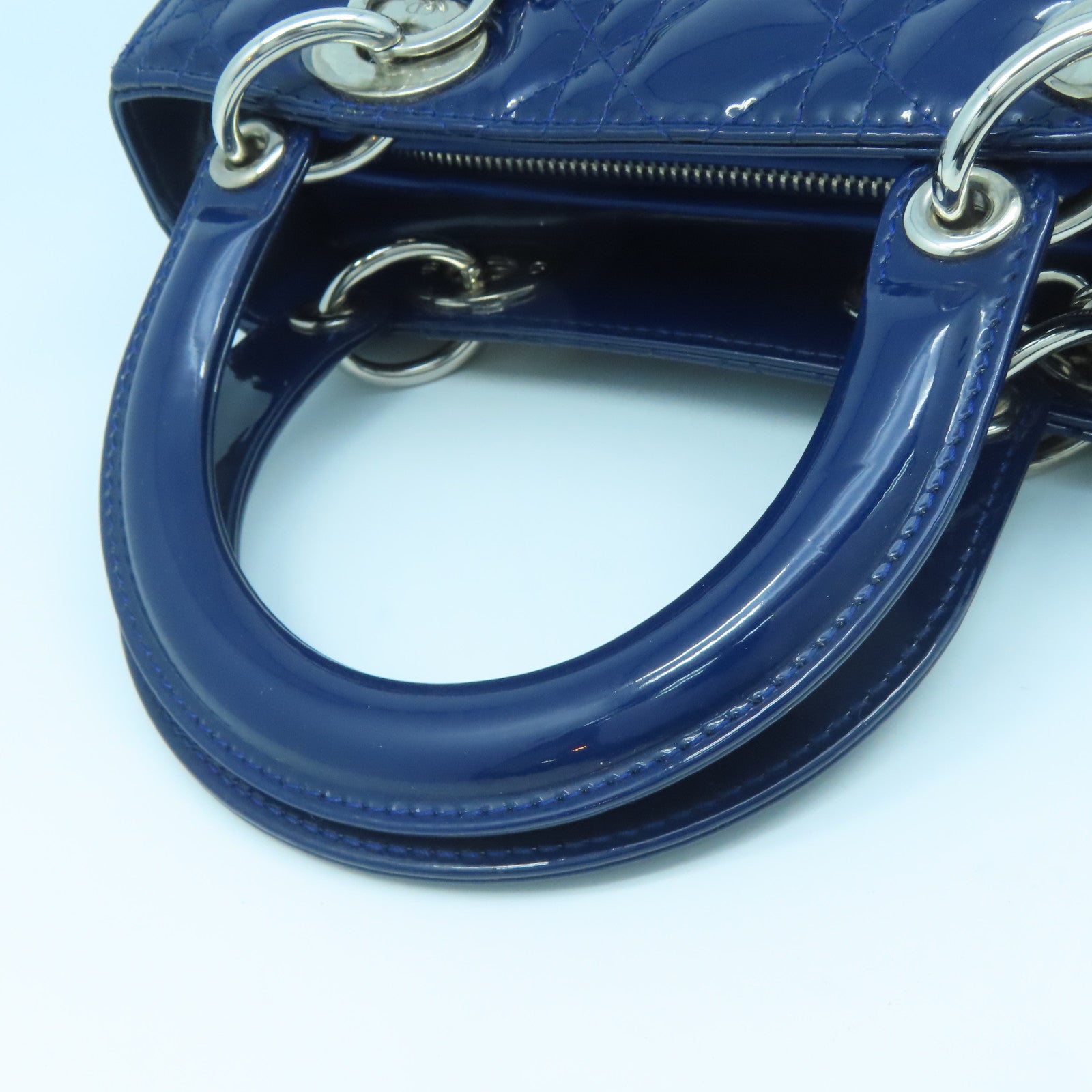 Dior Patent Leather Lady Dior Shoulder Silver Buckle Handle Shoulder Bag Dark Blue