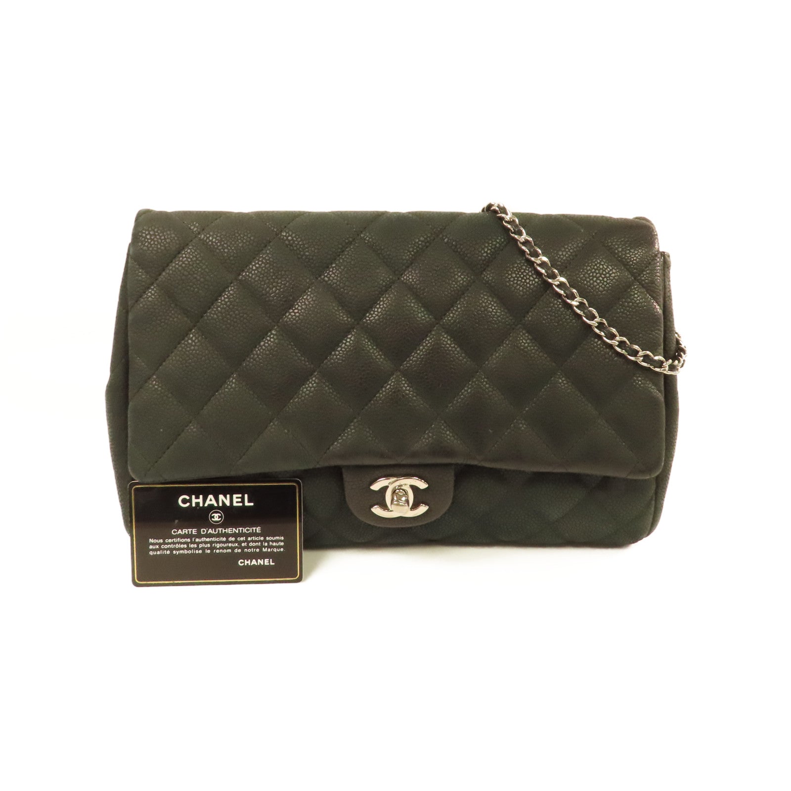 CHANEL 菱格Caviar皮革Timeless Chain Shoulder Bag銀扣鏈帶肩背袋黑色