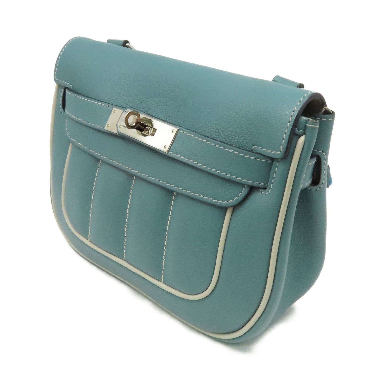 HERMES Evercolor皮革Berline Shoulder Bag銀扣肩背袋藍灰色