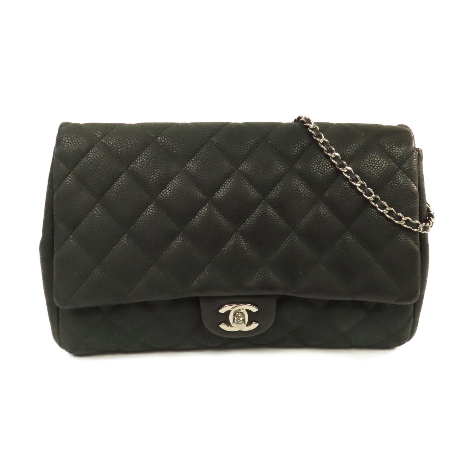 CHANEL 菱格Caviar皮革Timeless Chain Shoulder Bag銀扣鏈帶肩背袋黑色