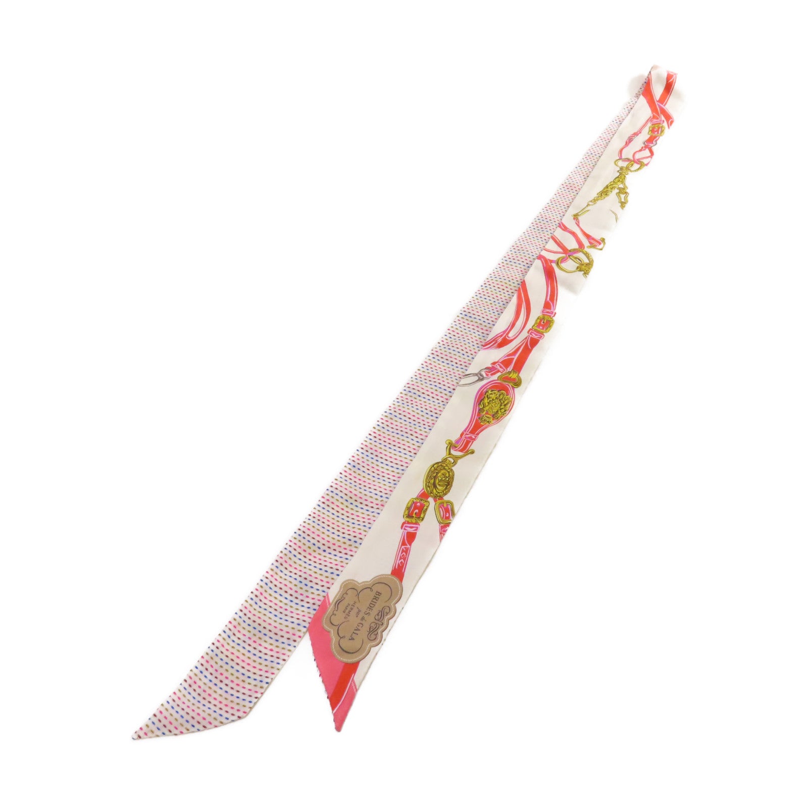 HERMES 絲質Long Twilly Scarf絲巾白色/粉紅色/彩色