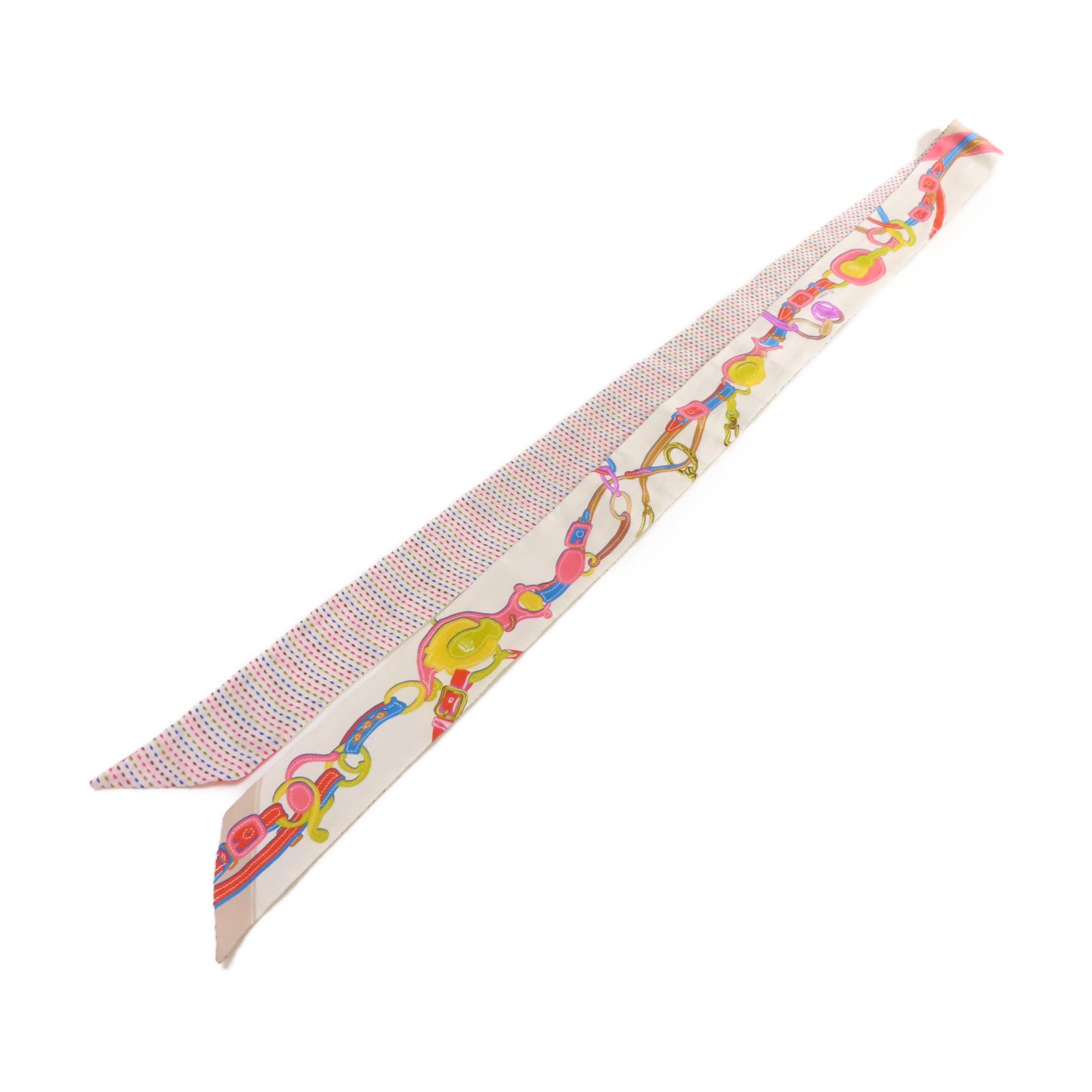 HERMES 絲質Long Twilly Scarf絲巾白色/粉紅色/彩色