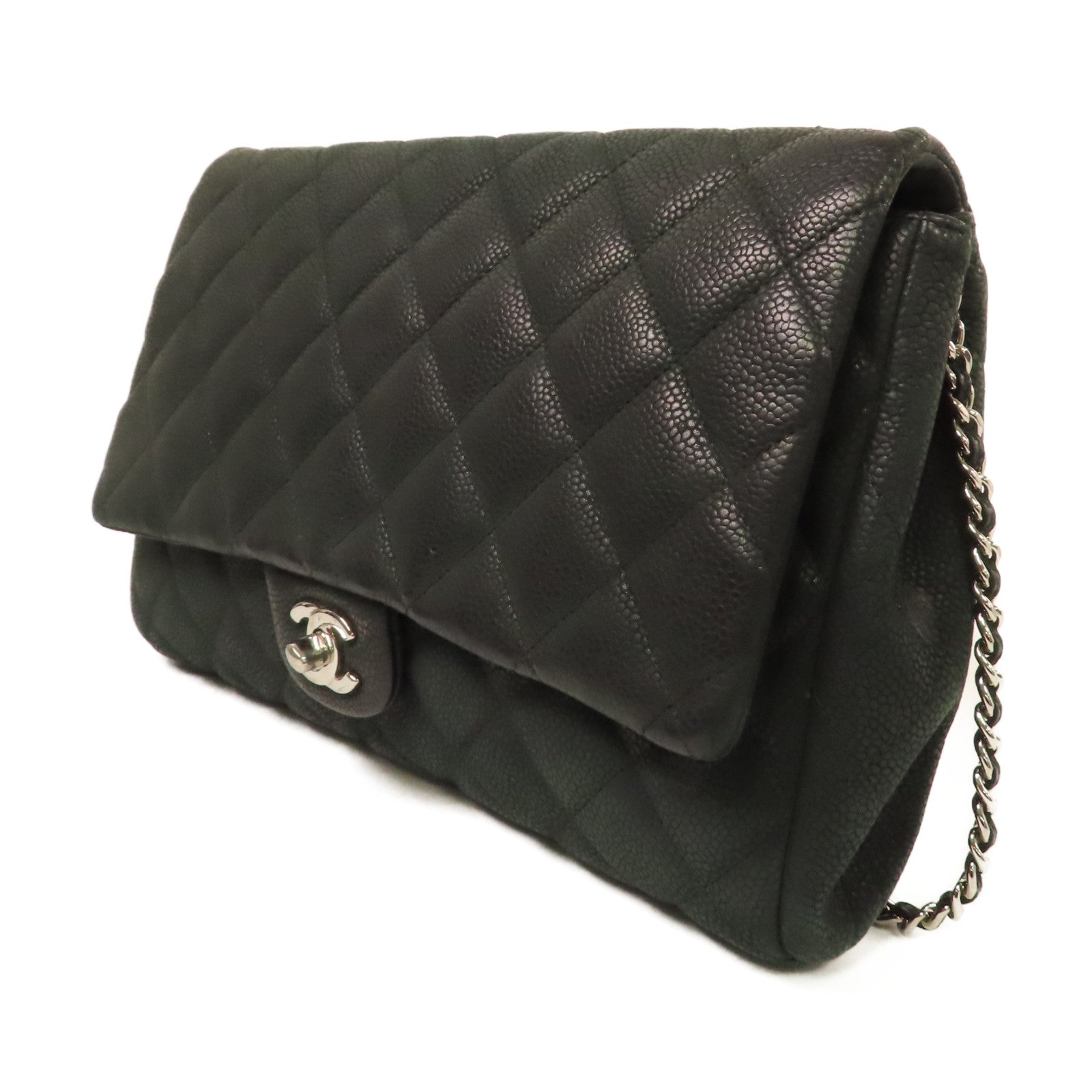 CHANEL 菱格Caviar皮革Timeless Chain Shoulder Bag銀扣鏈帶肩背袋黑色