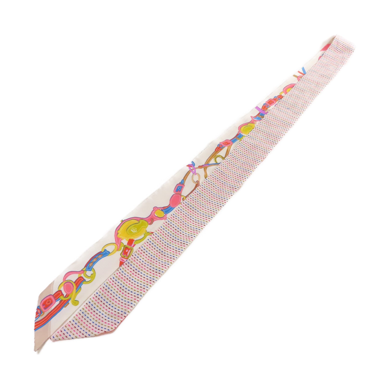 HERMES 絲質Long Twilly Scarf絲巾白色/粉紅色/彩色
