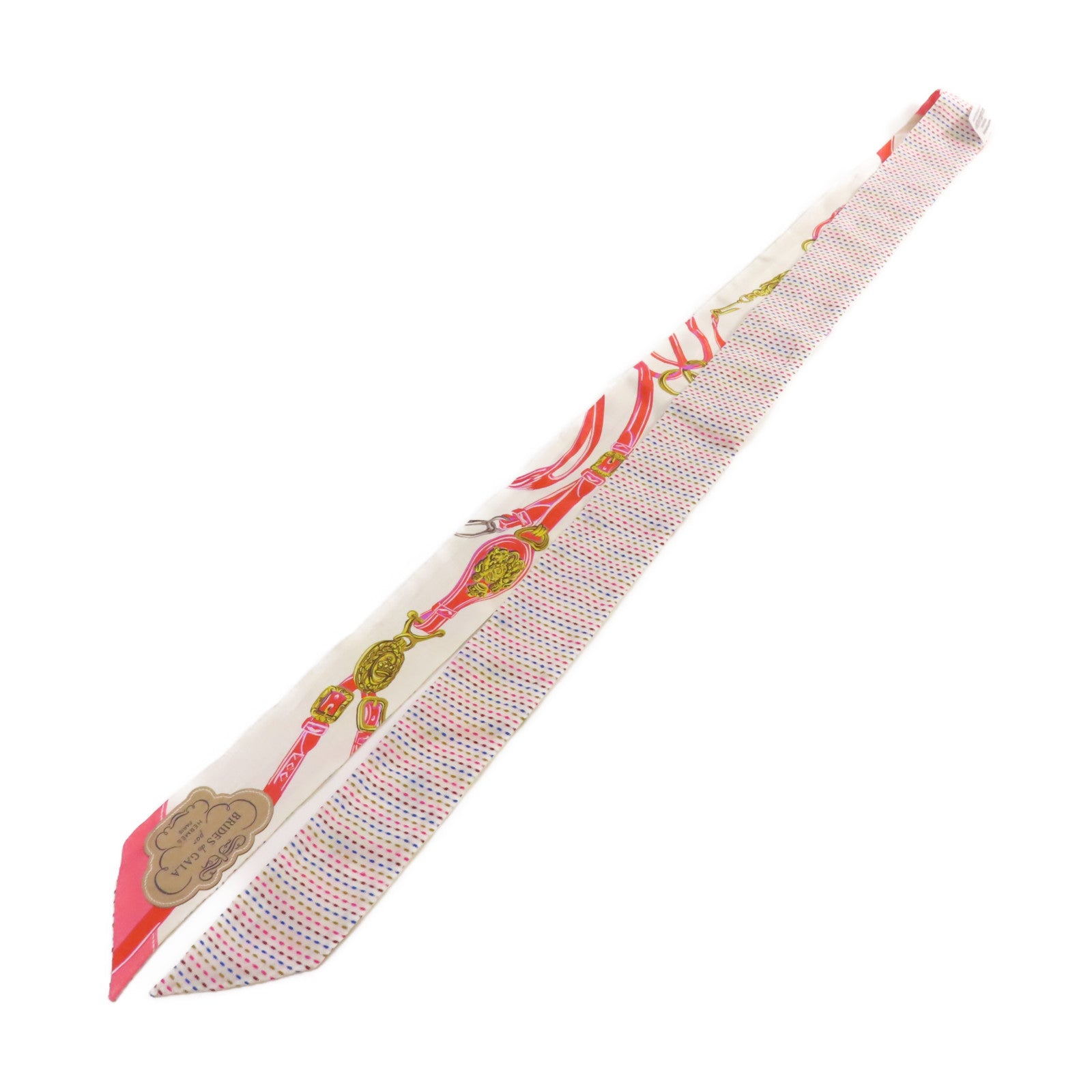 HERMES 絲質Long Twilly Scarf絲巾白色/粉紅色/彩色