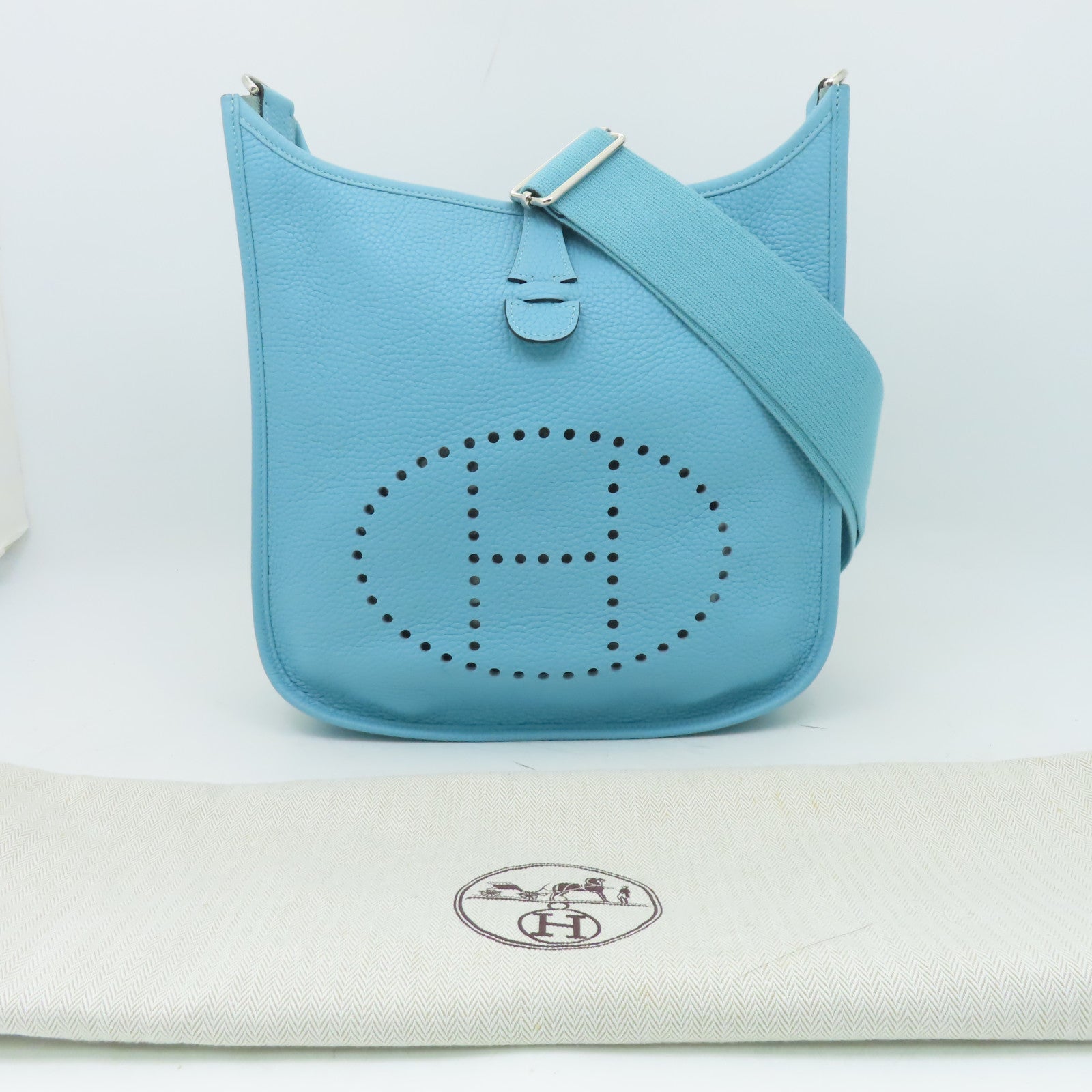 HERMES Clemence皮革Evelyne GM銀扣肩背袋蒂芬尼藍色