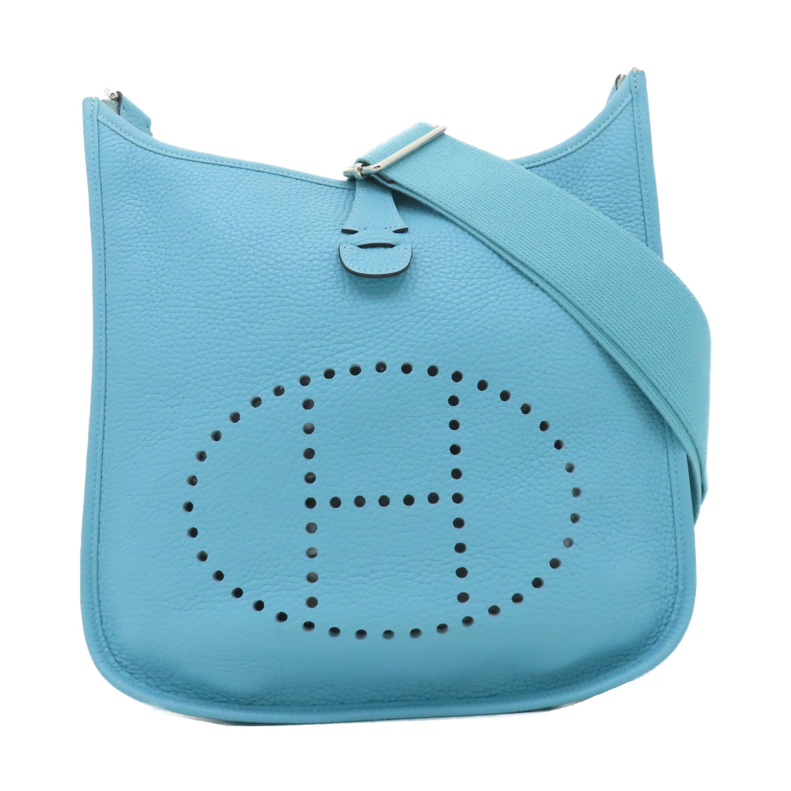HERMES Clemence皮革Evelyne GM銀扣肩背袋蒂芬尼藍色