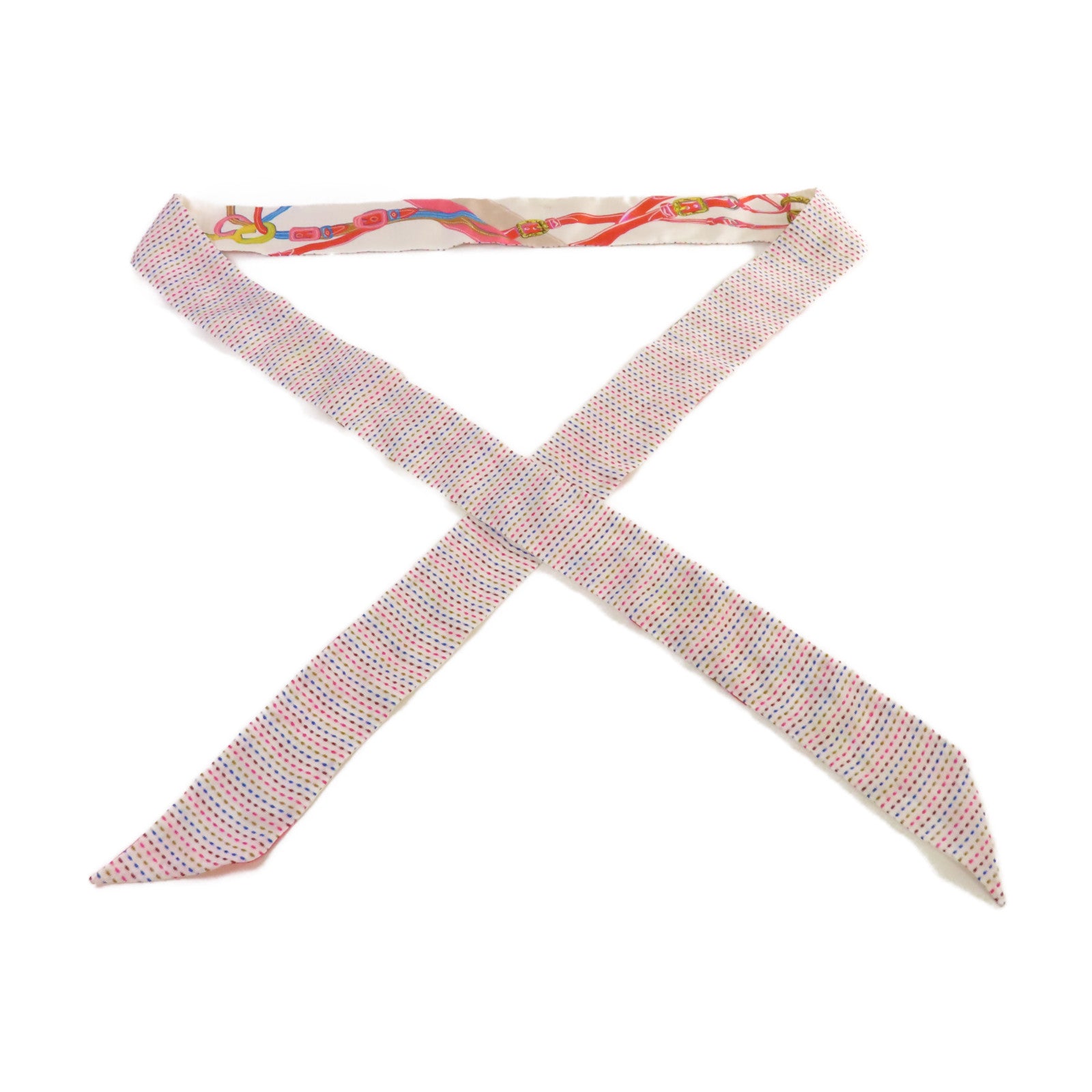 HERMES 絲質Long Twilly Scarf絲巾白色/粉紅色/彩色