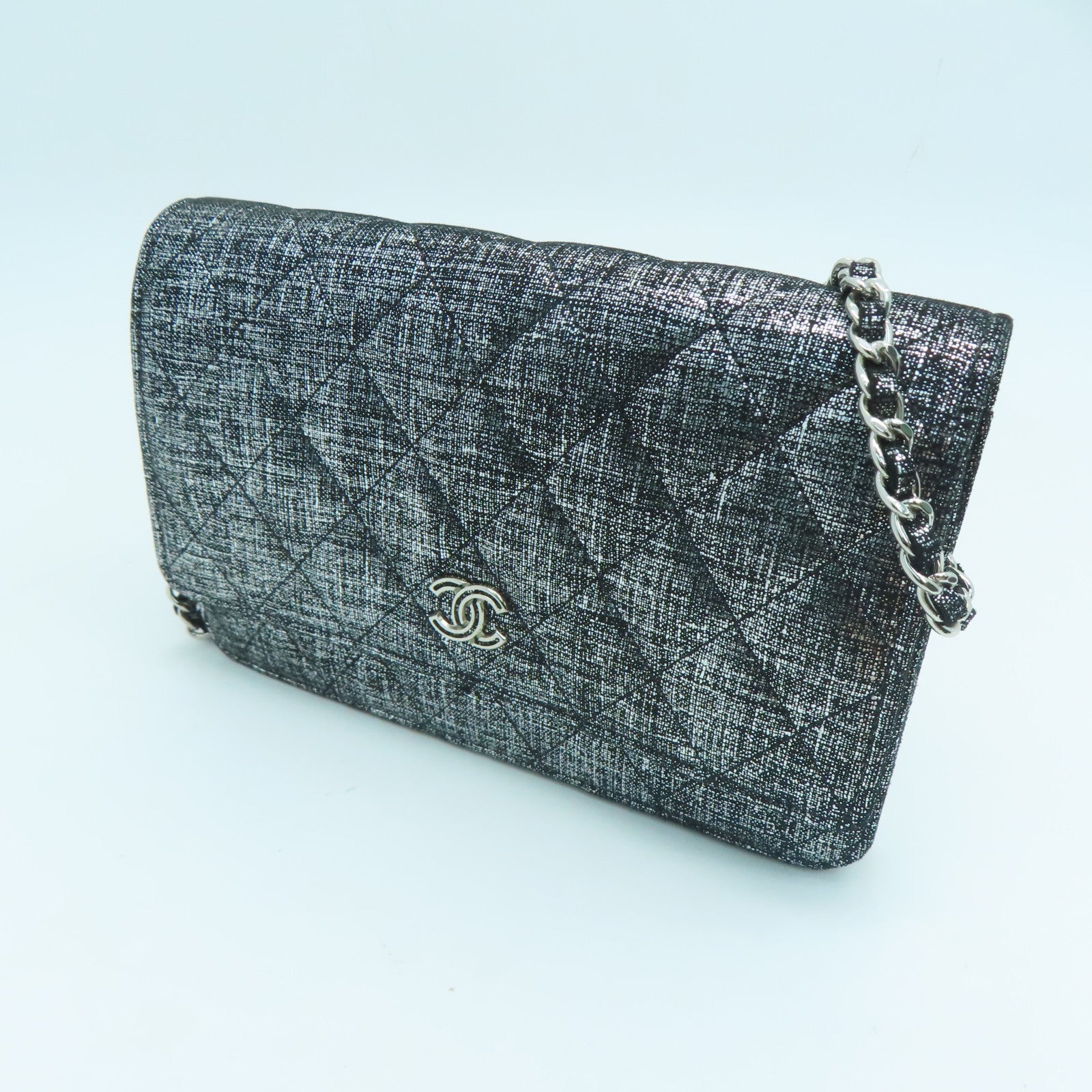 CHANEL Rhombus Canvas Wallet On Chain Silver Buckle Shoulder Bag Silver/Black