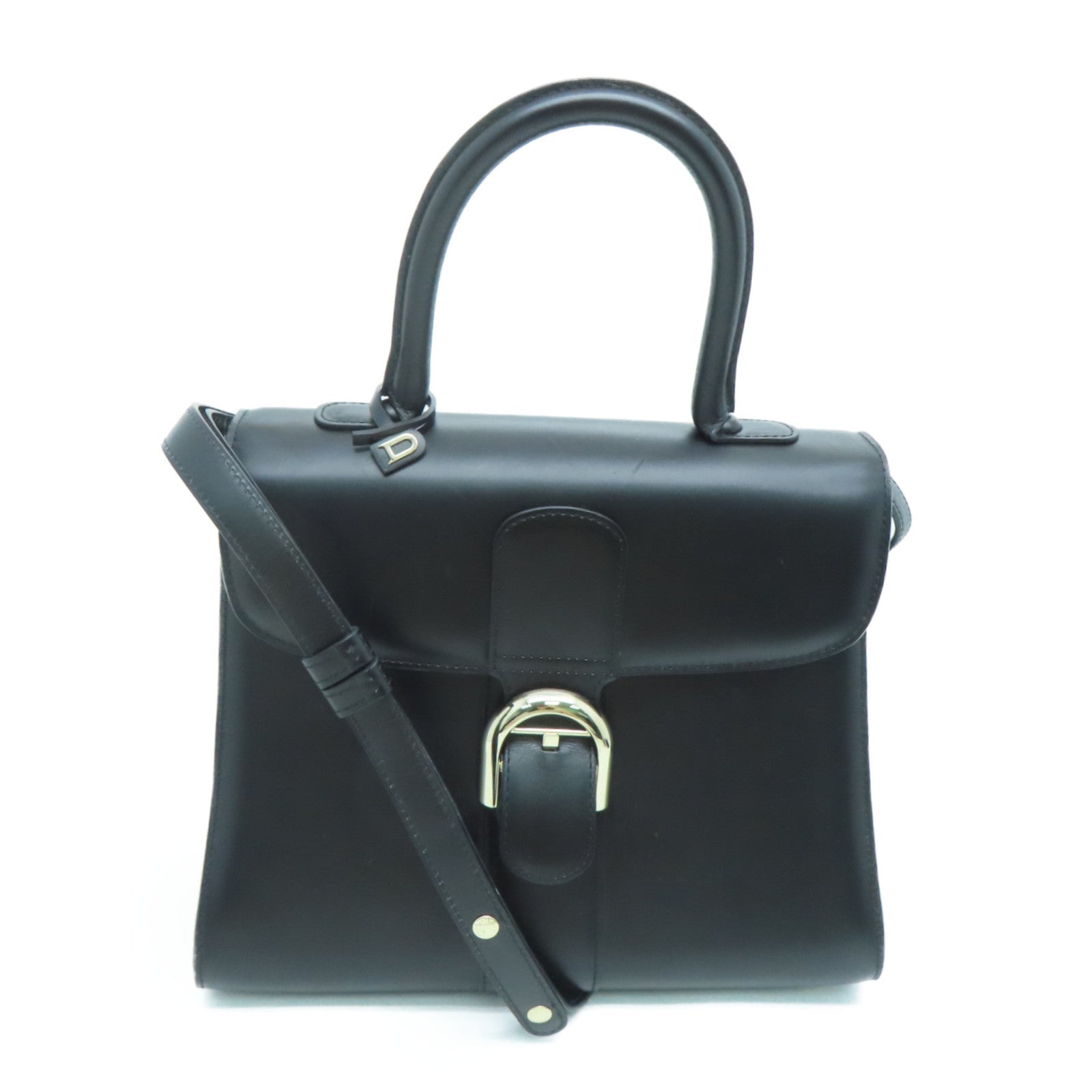 SELECTION Cowhide Leather Delvaux Brillant Gold Buckle Handle Shoulder Bag Black