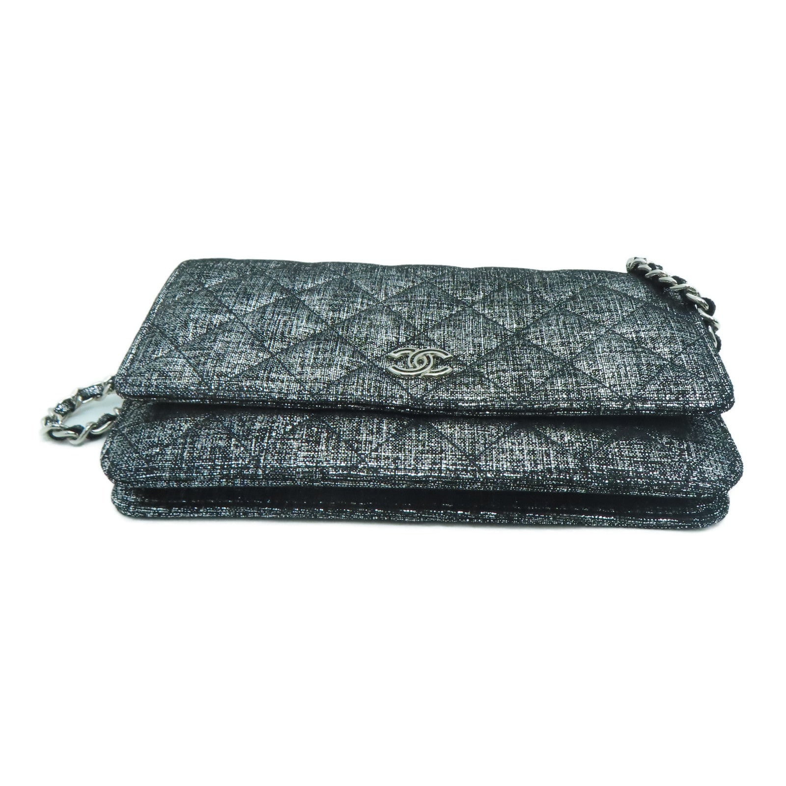 CHANEL Rhombus Canvas Wallet On Chain Silver Buckle Shoulder Bag Silver/Black