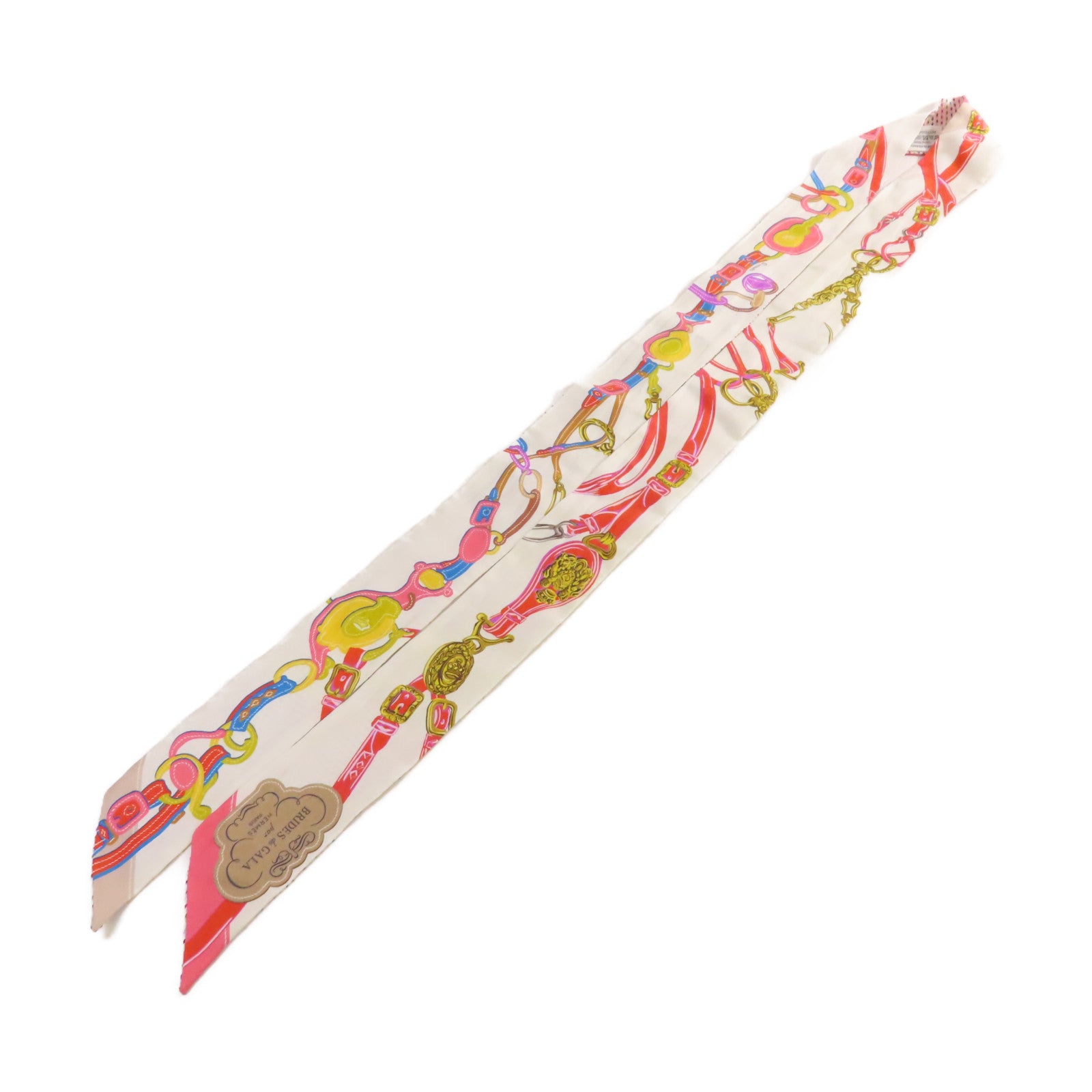 HERMES 絲質Long Twilly Scarf絲巾白色/粉紅色/彩色