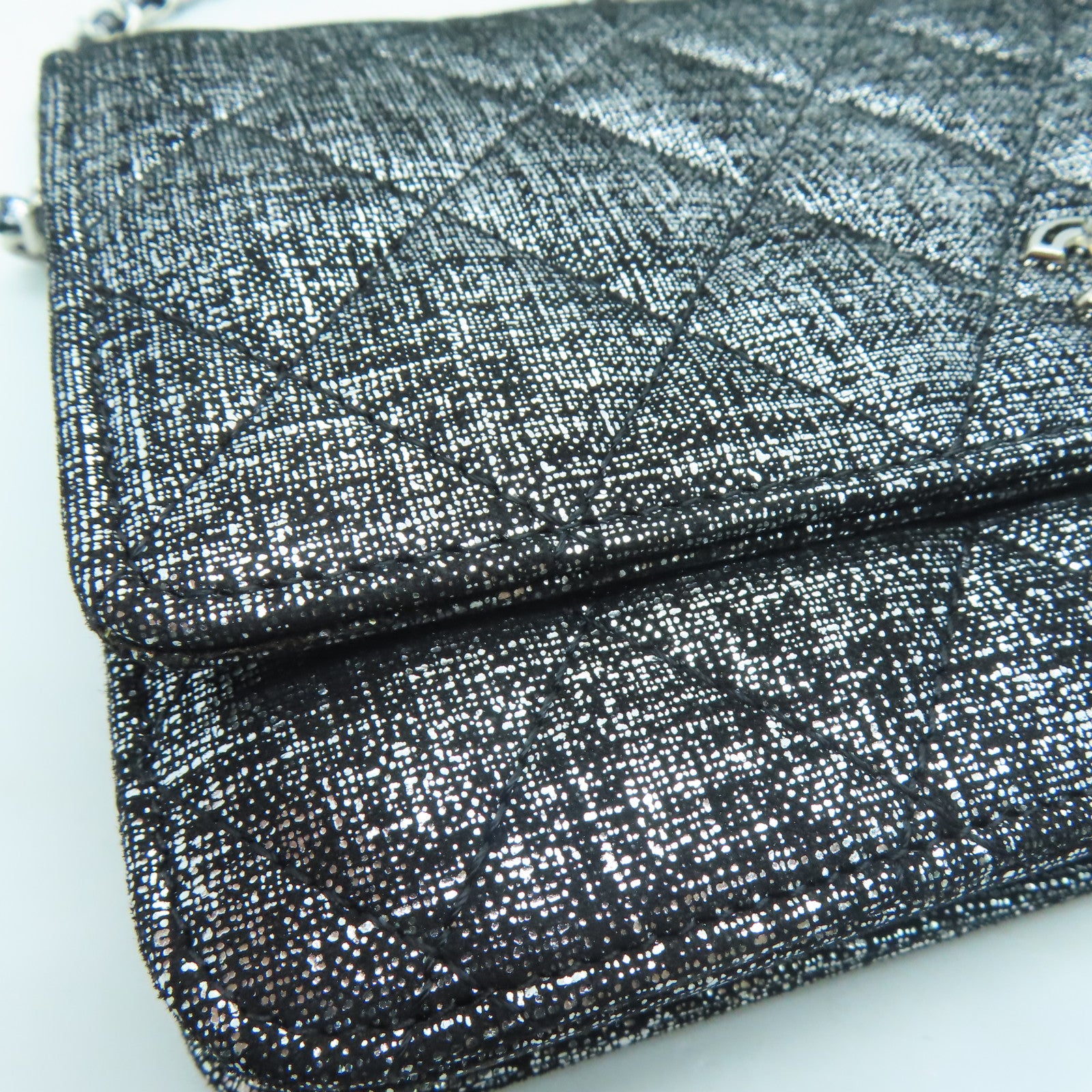 CHANEL Rhombus Canvas Wallet On Chain Silver Buckle Shoulder Bag Silver/Black