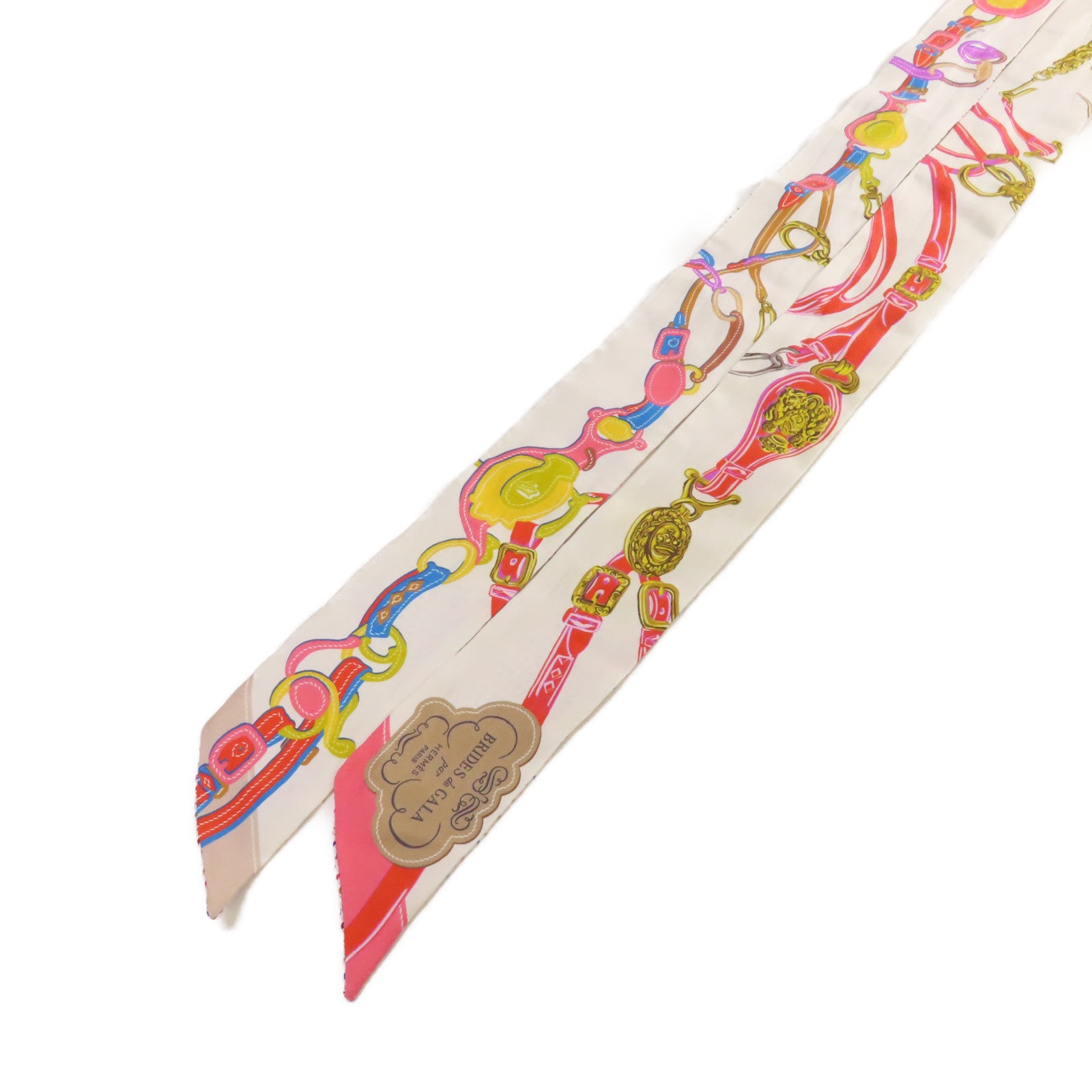 HERMES 絲質Long Twilly Scarf絲巾白色/粉紅色/彩色