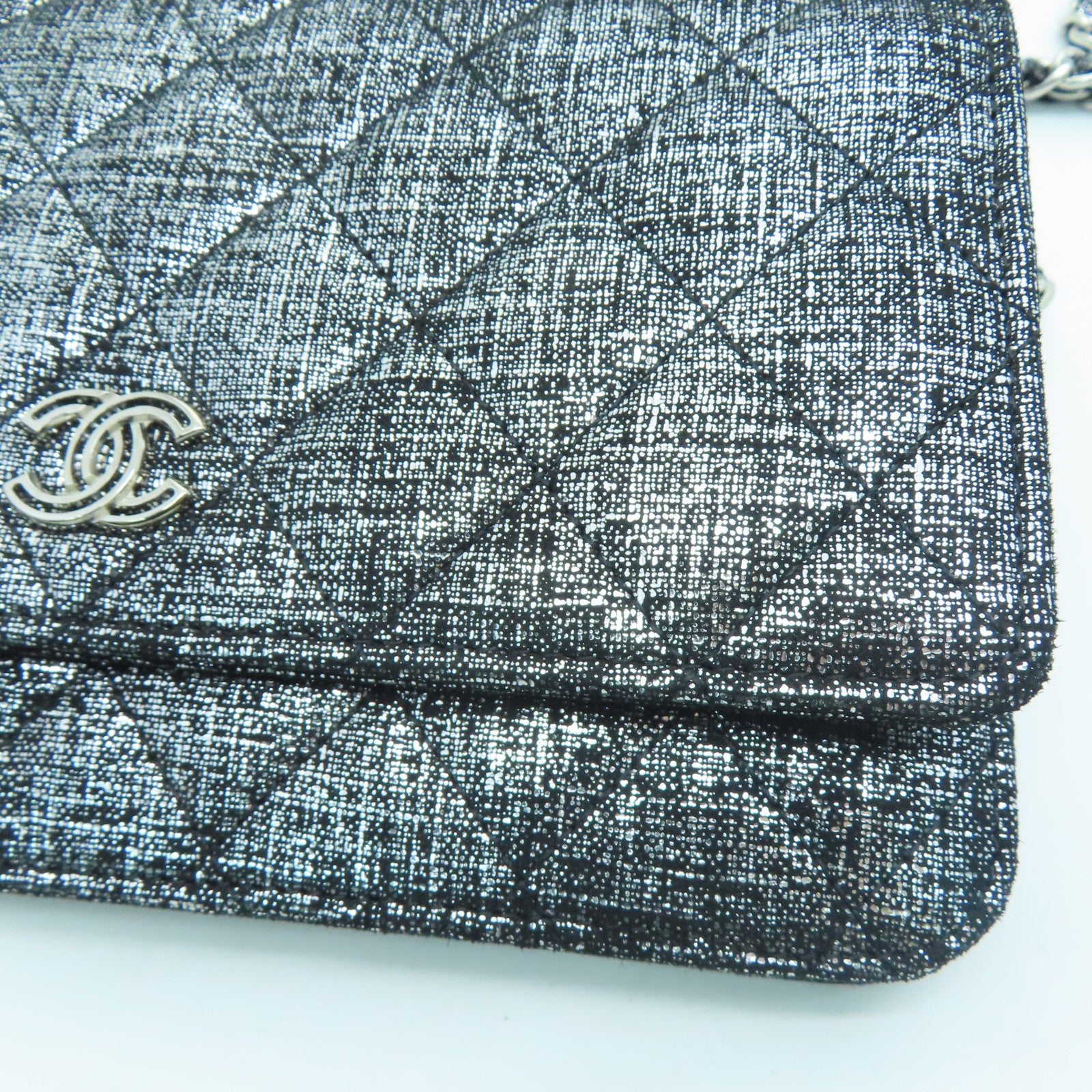 CHANEL Rhombus Canvas Wallet On Chain Silver Buckle Shoulder Bag Silver/Black