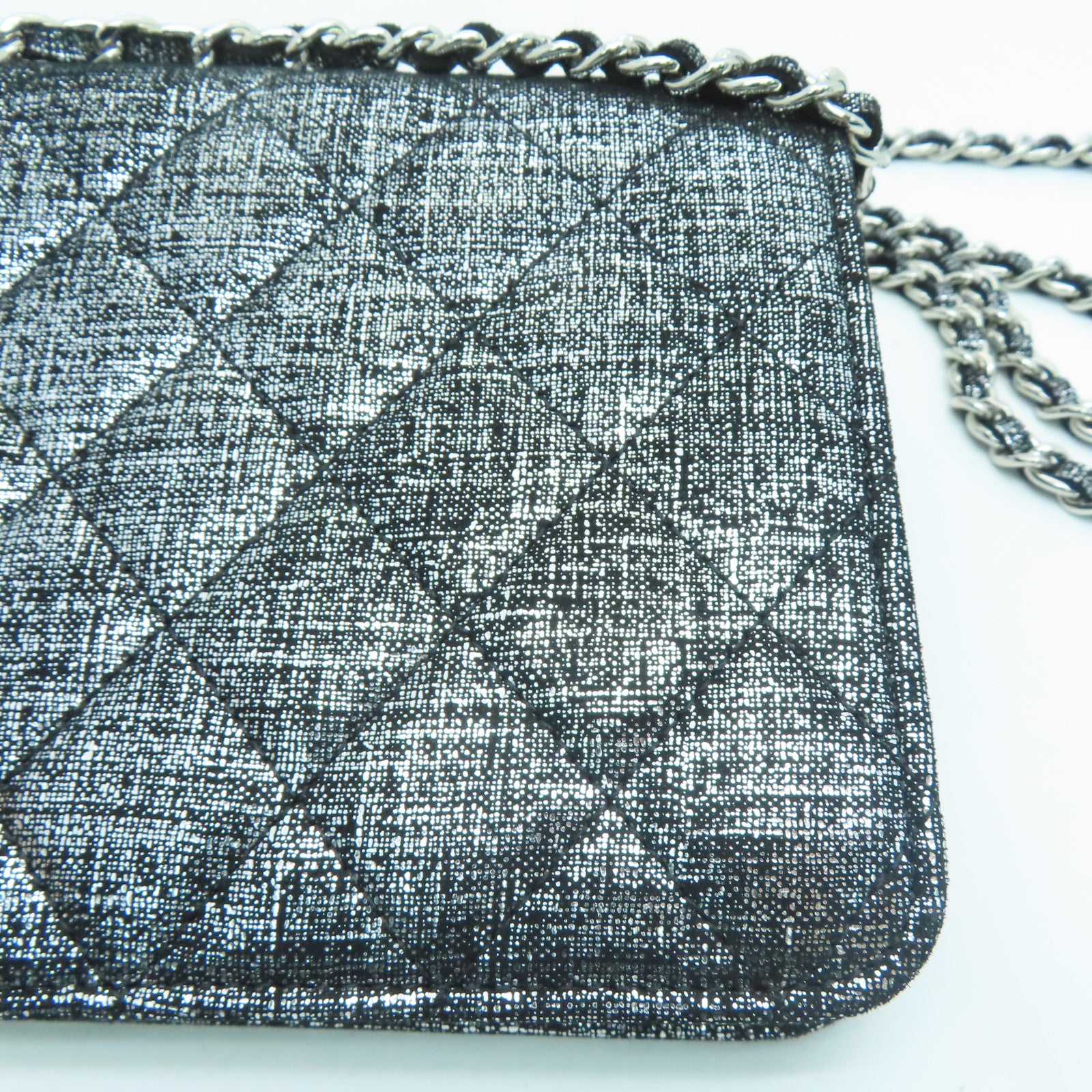 CHANEL Rhombus Canvas Wallet On Chain Silver Buckle Shoulder Bag Silver/Black