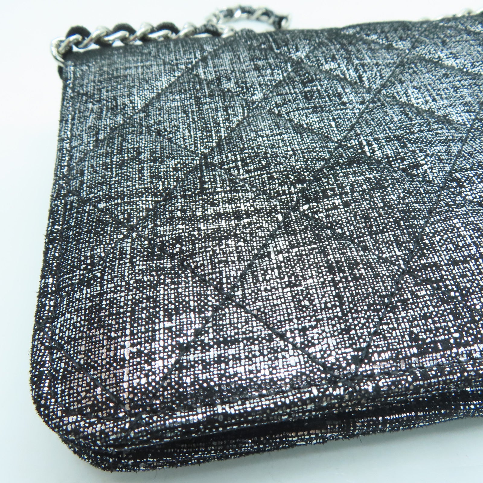 CHANEL Rhombus Canvas Wallet On Chain Silver Buckle Shoulder Bag Silver/Black