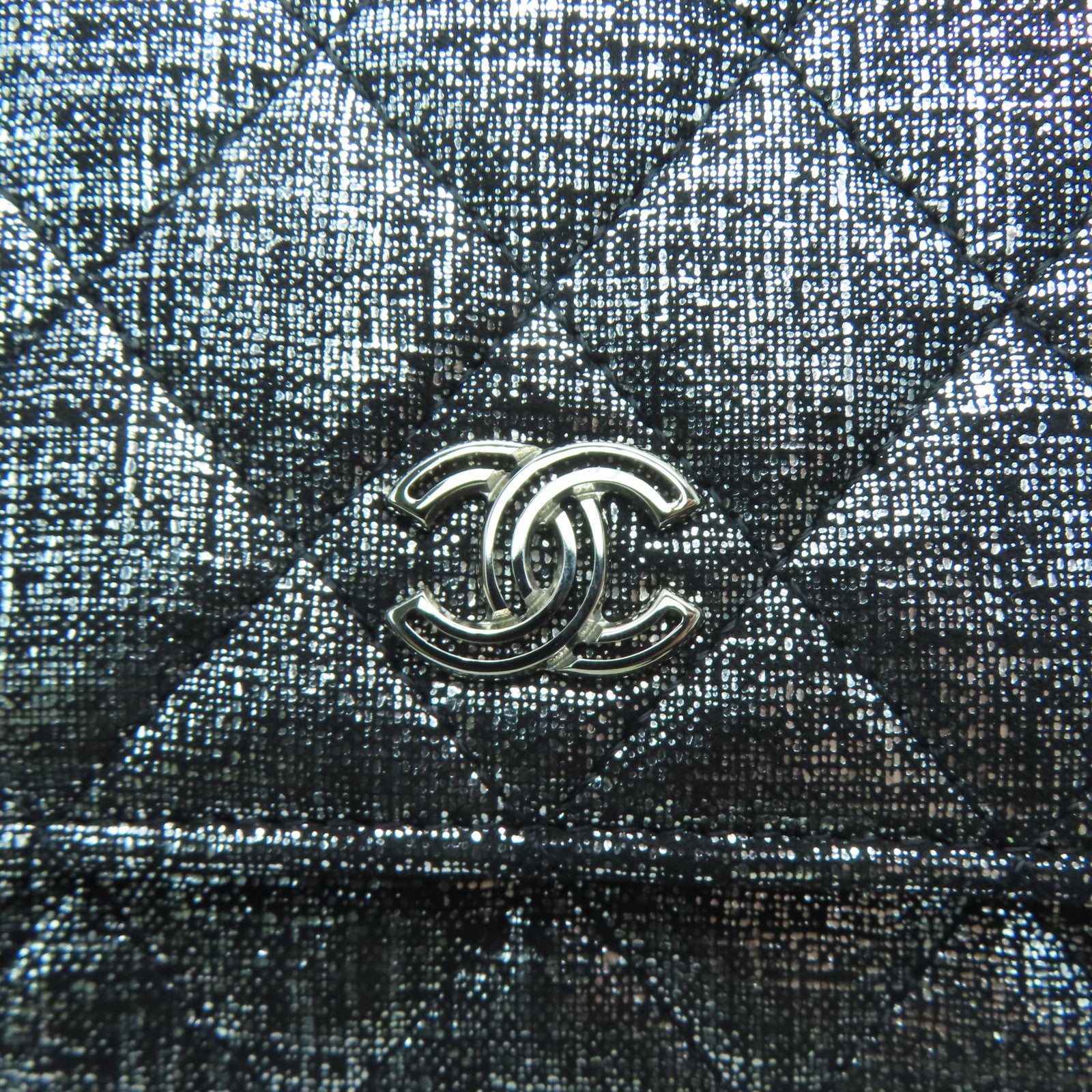 CHANEL Rhombus Canvas Wallet On Chain Silver Buckle Shoulder Bag Silver/Black