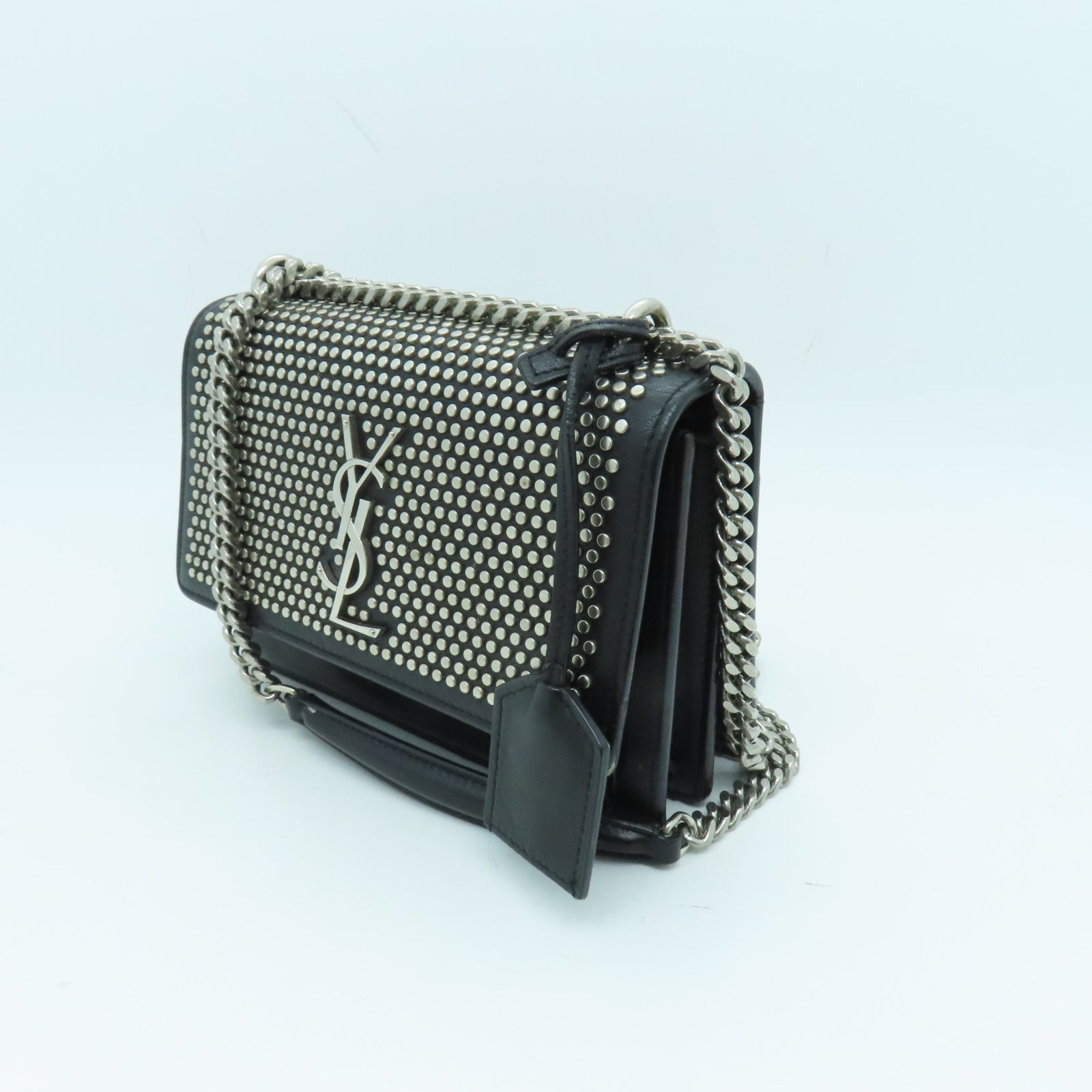 SAINT LAURENT 牛皮皮革Chain Shoulder Bag銀扣鏈帶肩背袋黑色