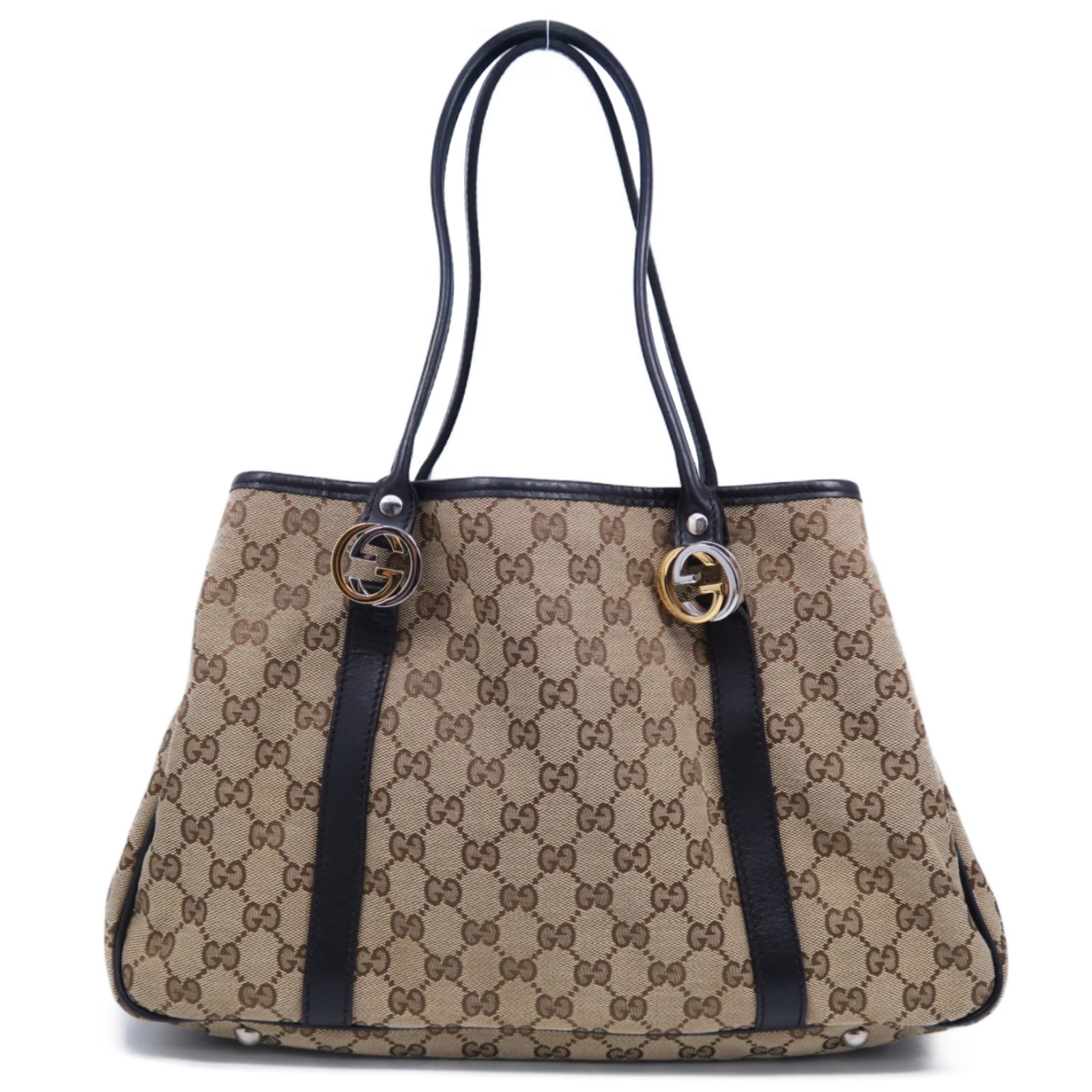 GUCCI GG帆布Tote Bag銀扣肩背袋啡色