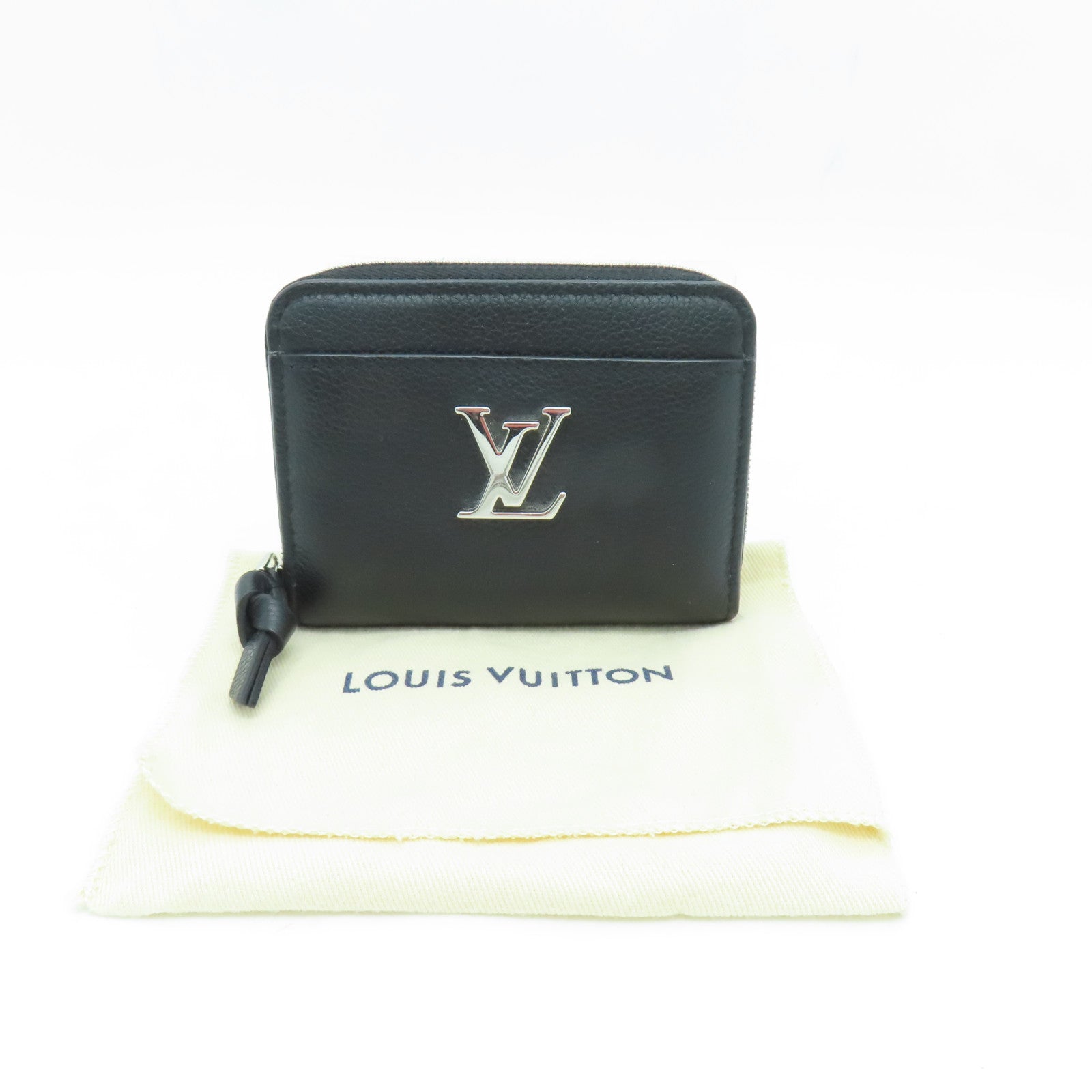 LOUIS VUITTON Leather Lockme Coin Case Silver Buckle Wallet Black