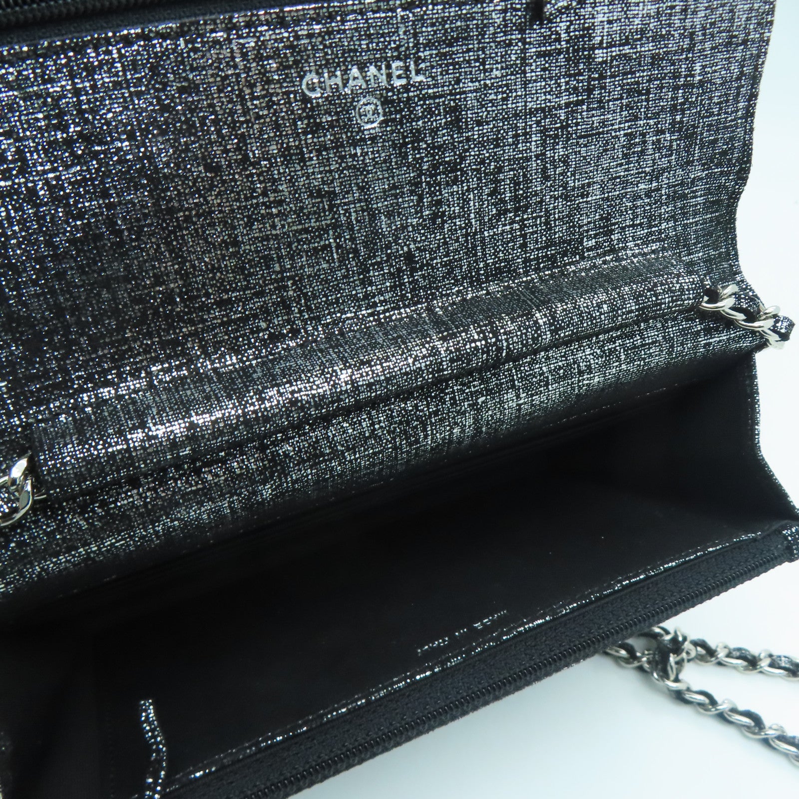 CHANEL Rhombus Canvas Wallet On Chain Silver Buckle Shoulder Bag Silver/Black