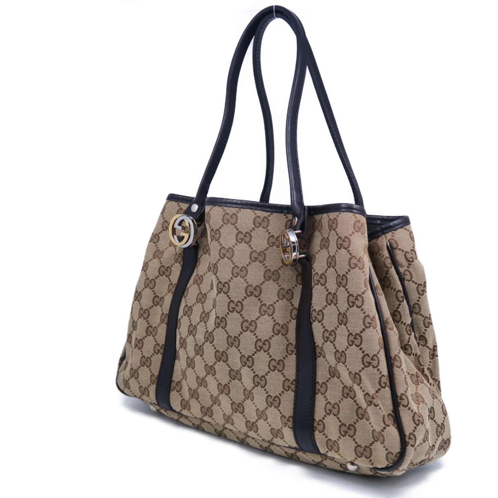 GUCCI GG帆布Tote Bag銀扣肩背袋啡色