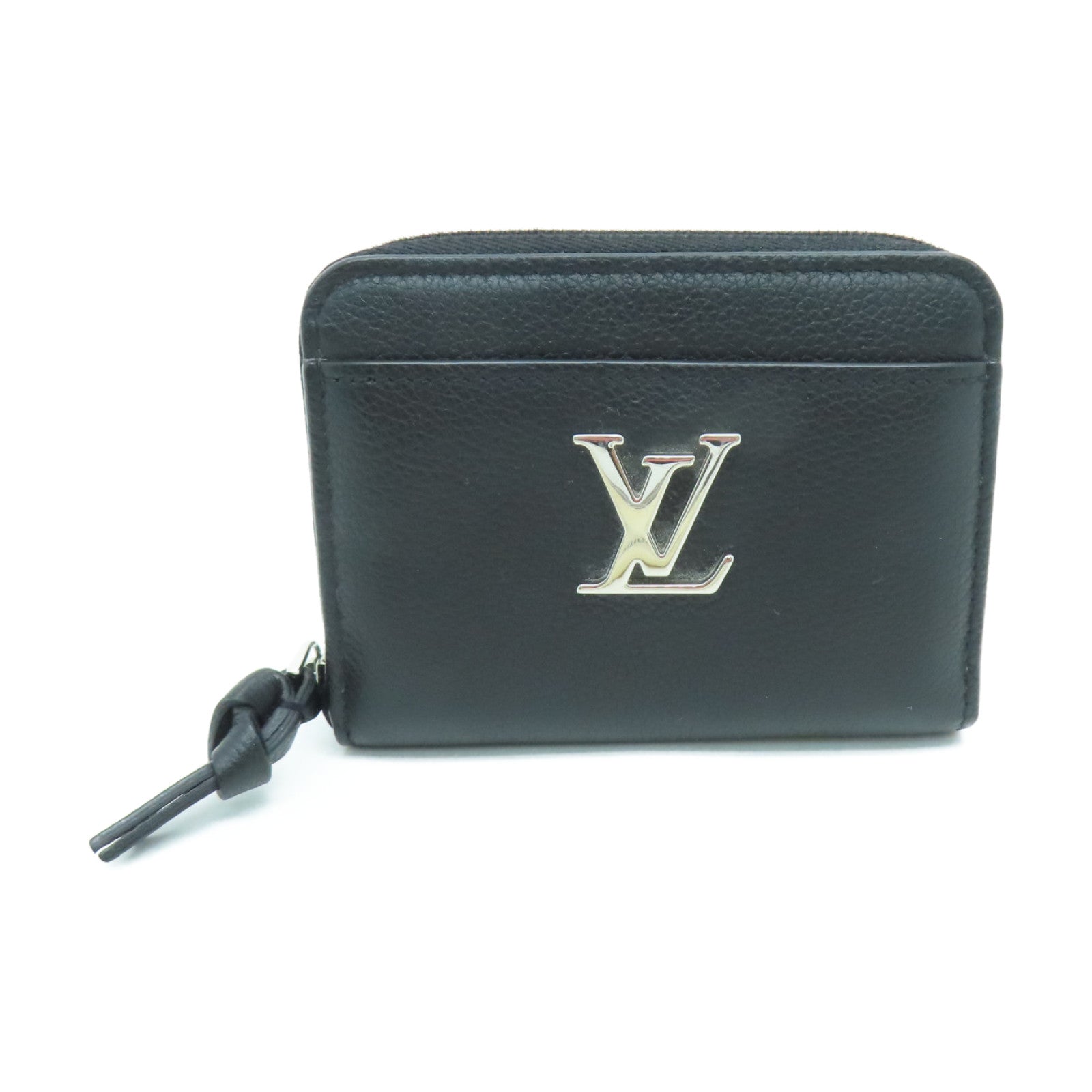 LOUIS VUITTON Leather Lockme Coin Case Silver Buckle Wallet Black