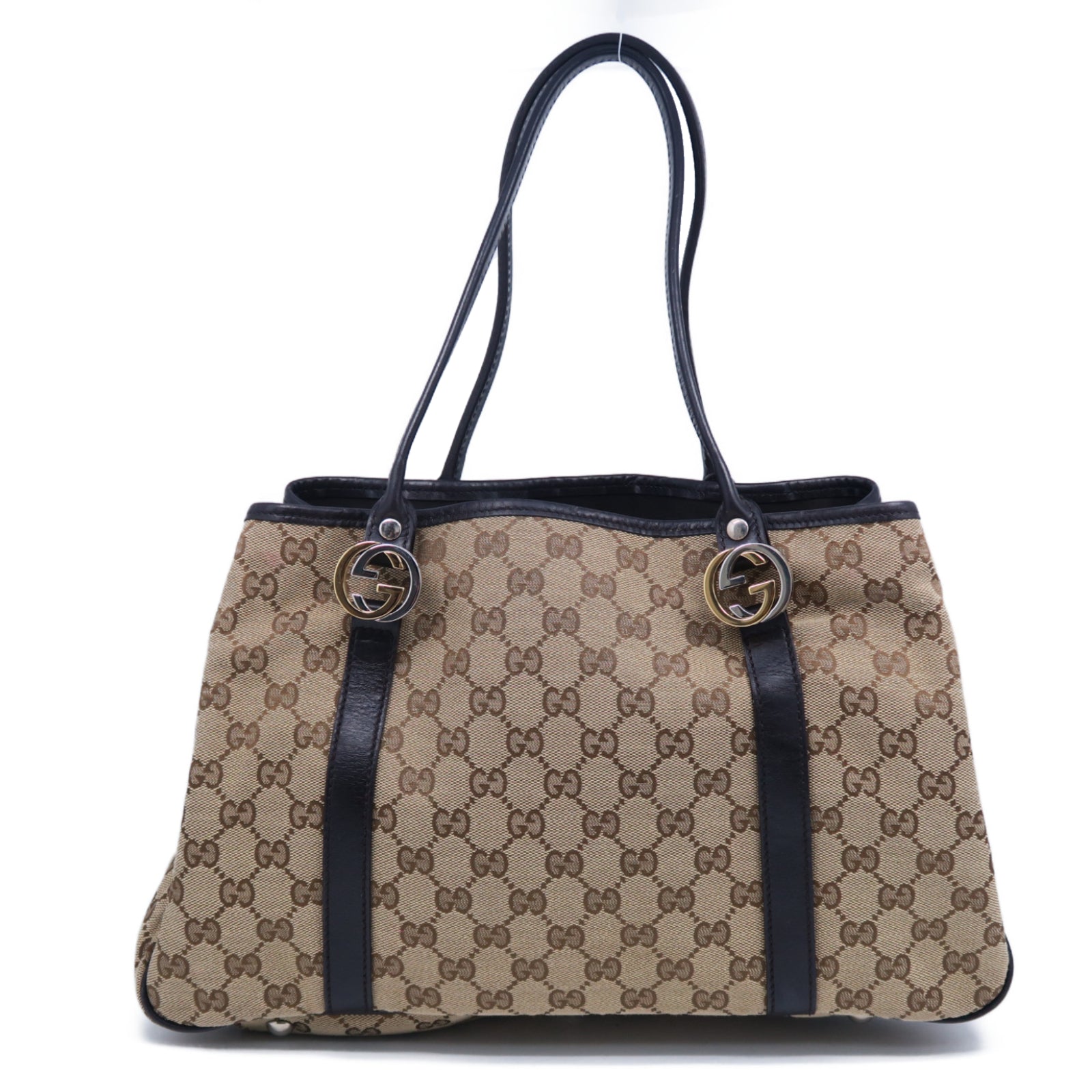 GUCCI GG帆布Tote Bag銀扣肩背袋啡色