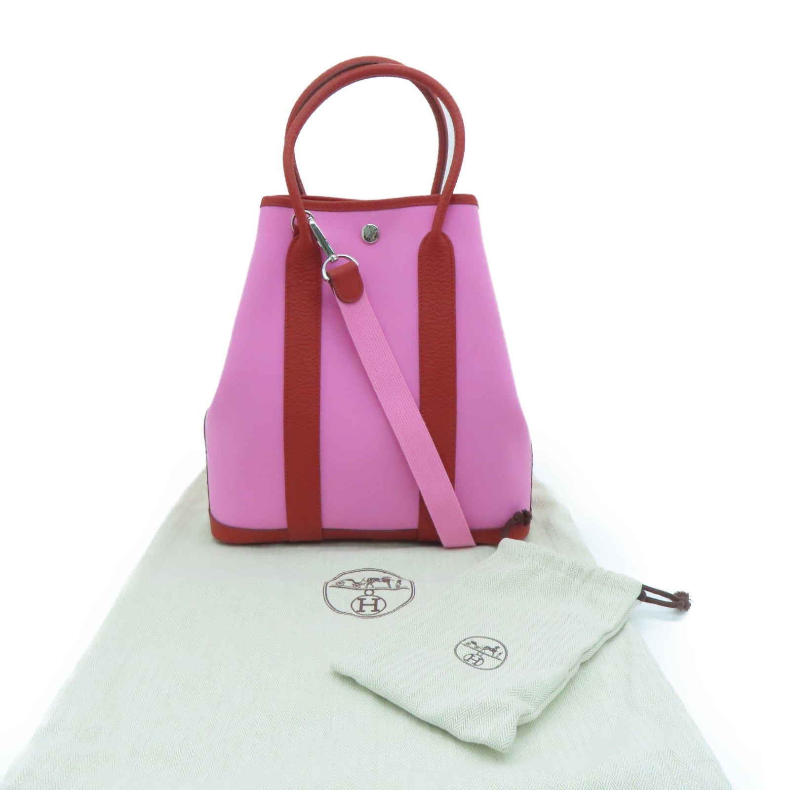 HERMES Canvas Garden File Silver Buckle Hand Bag Pink Pink