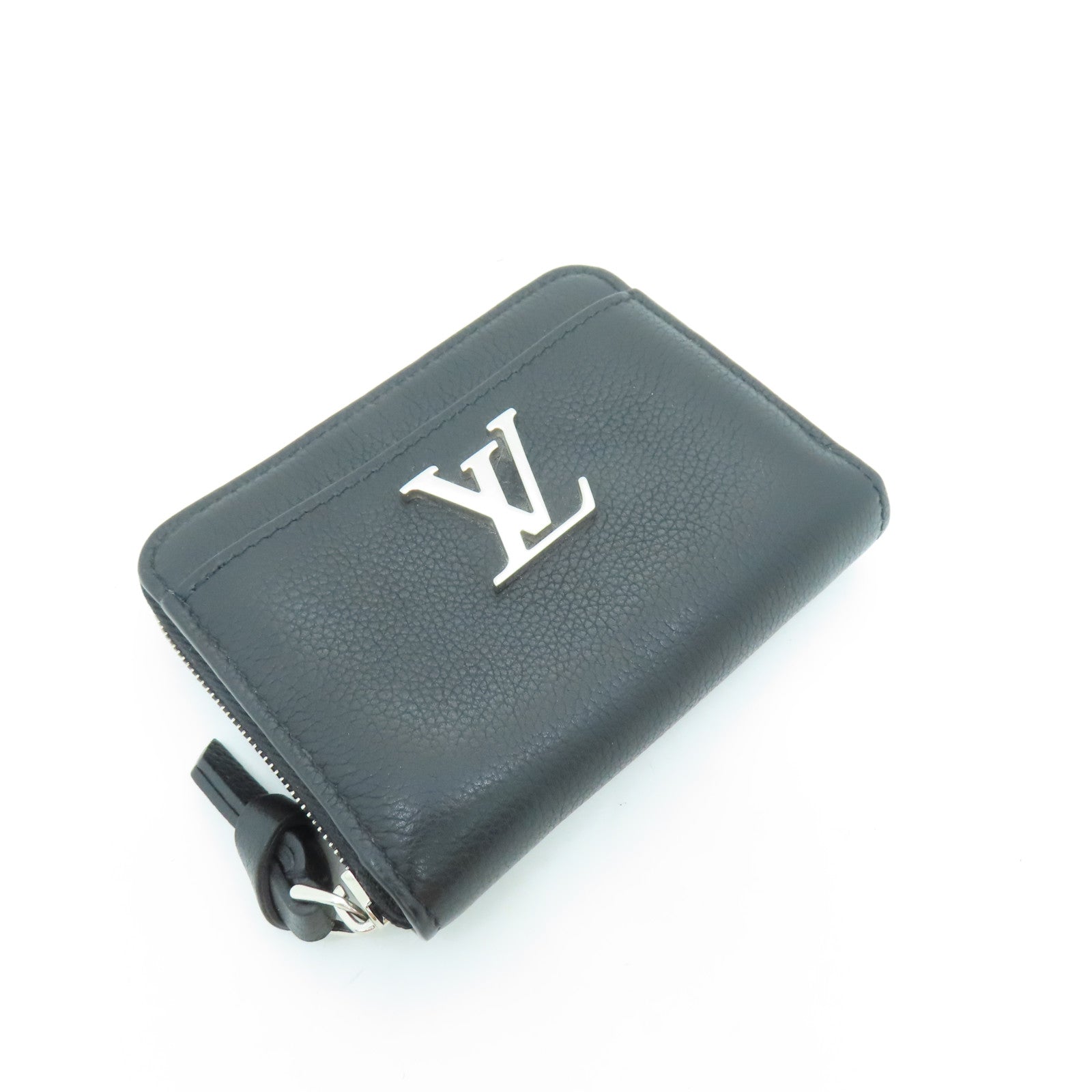 LOUIS VUITTON Leather Lockme Coin Case Silver Buckle Wallet Black