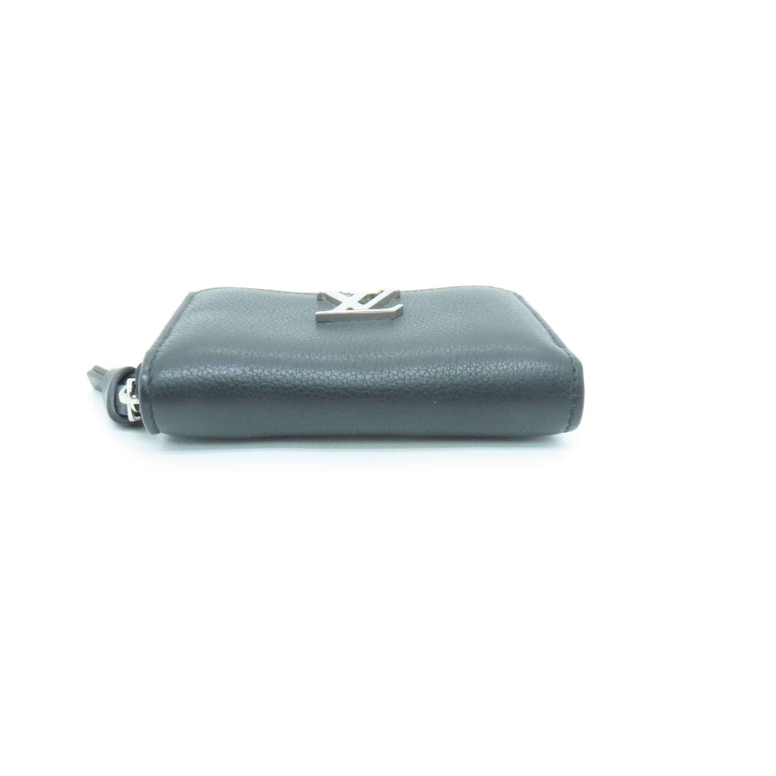 LOUIS VUITTON Leather Lockme Coin Case Silver Buckle Wallet Black