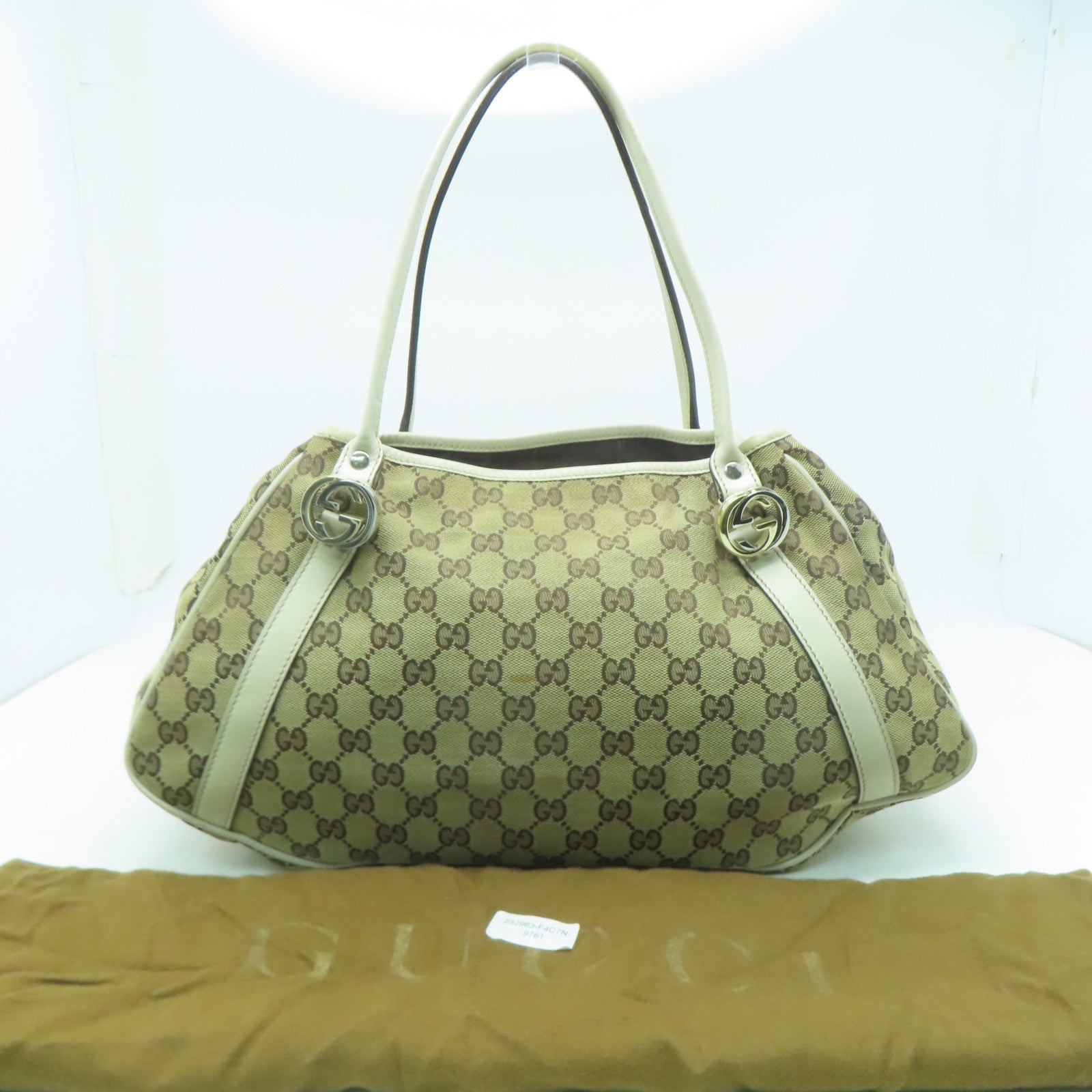 GUCCI 帆布/皮革Shoulder Bag金扣/銀扣肩背袋啡色/白色