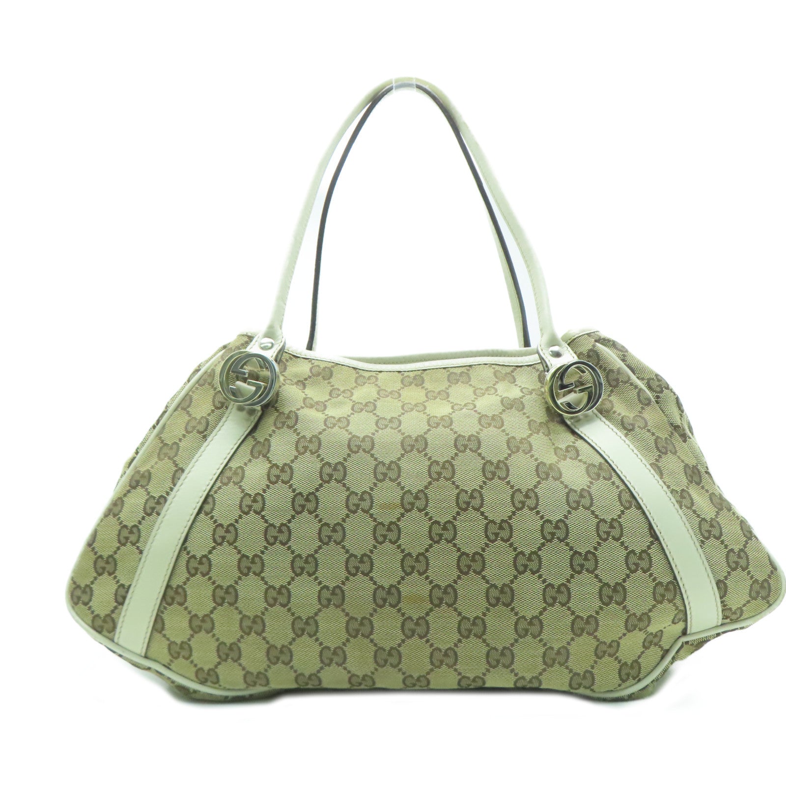 GUCCI 帆布/皮革Shoulder Bag金扣/銀扣肩背袋啡色/白色