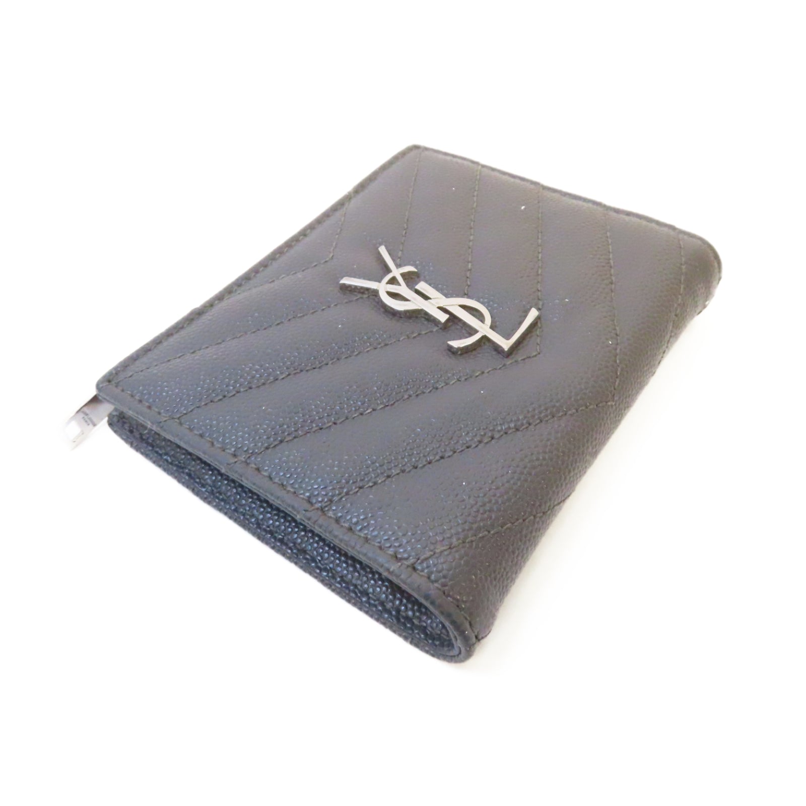 SAINT LAURENT 斜紋牛皮皮革Wallet銀扣錢包灰色