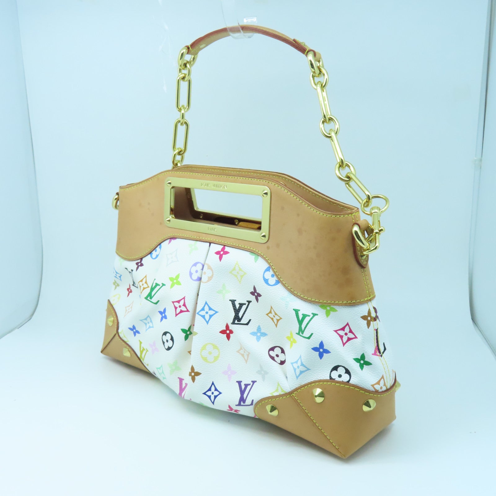 LOUIS VUITTON Monogram Multicolore Judy MM Gold Buckle Handle Shoulder Bag White/Brown