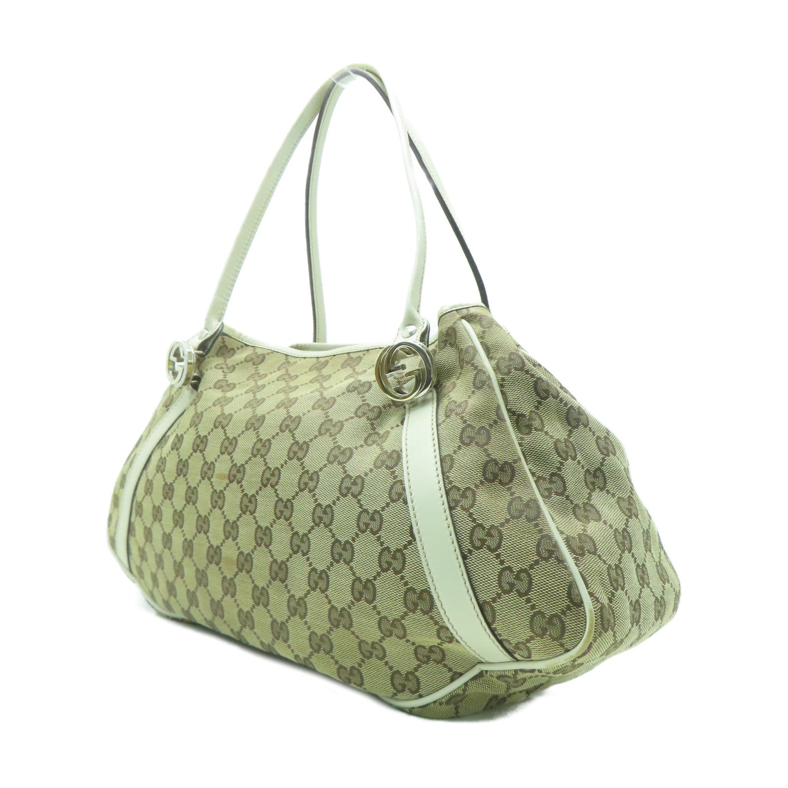GUCCI 帆布/皮革Shoulder Bag金扣/銀扣肩背袋啡色/白色
