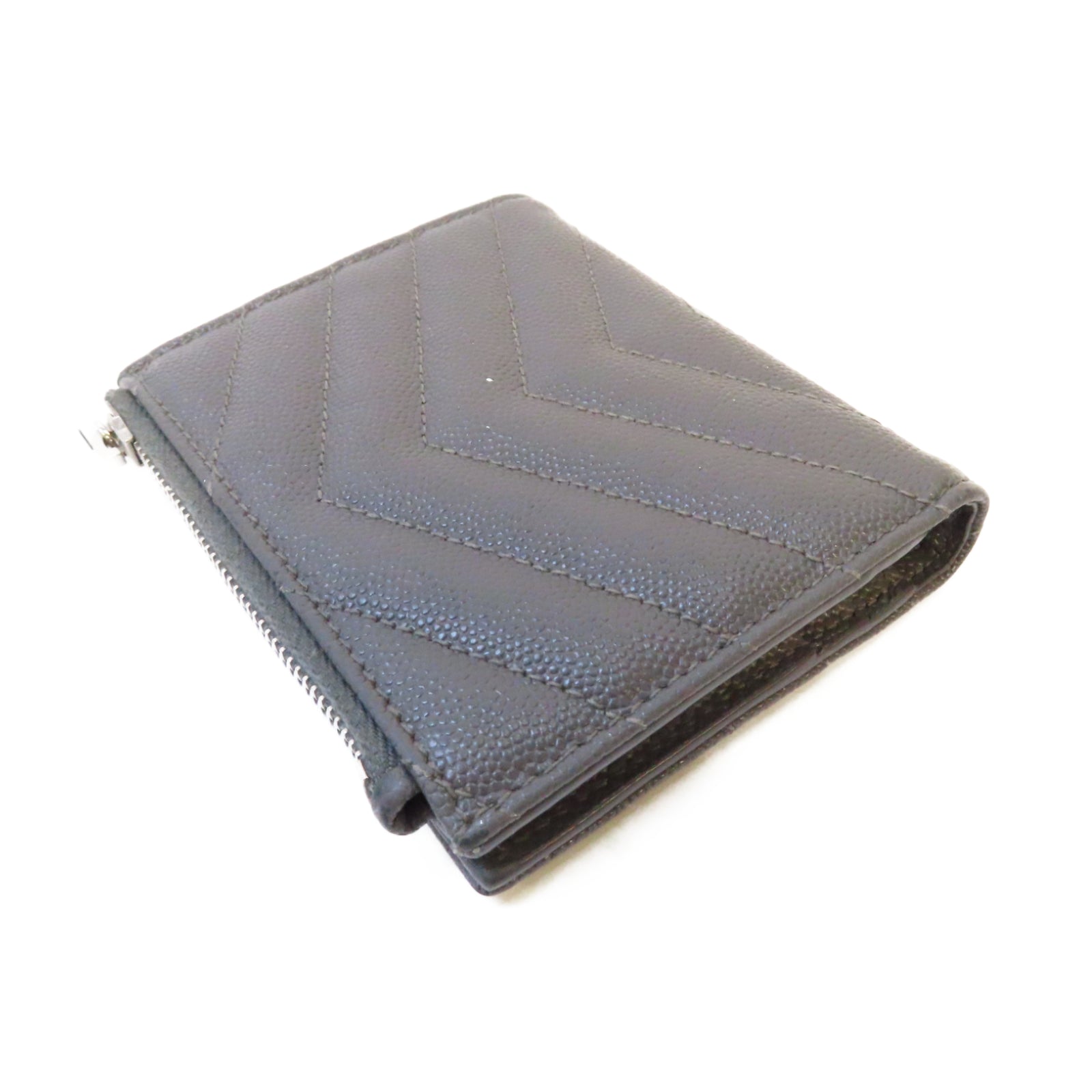SAINT LAURENT 斜紋牛皮皮革Wallet銀扣錢包灰色