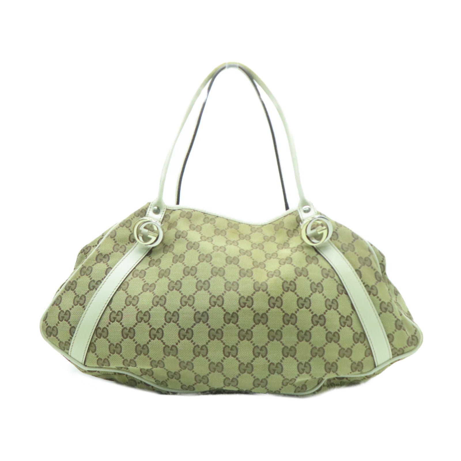 GUCCI 帆布/皮革Shoulder Bag金扣/銀扣肩背袋啡色/白色