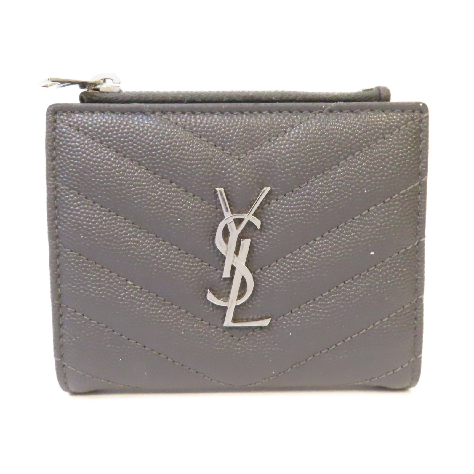 SAINT LAURENT 斜紋牛皮皮革Wallet銀扣錢包灰色
