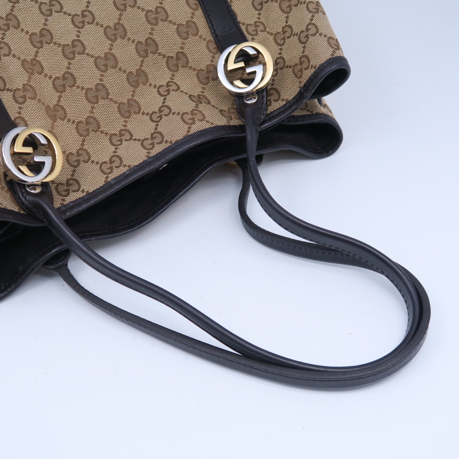 GUCCI GG帆布Tote Bag銀扣肩背袋啡色
