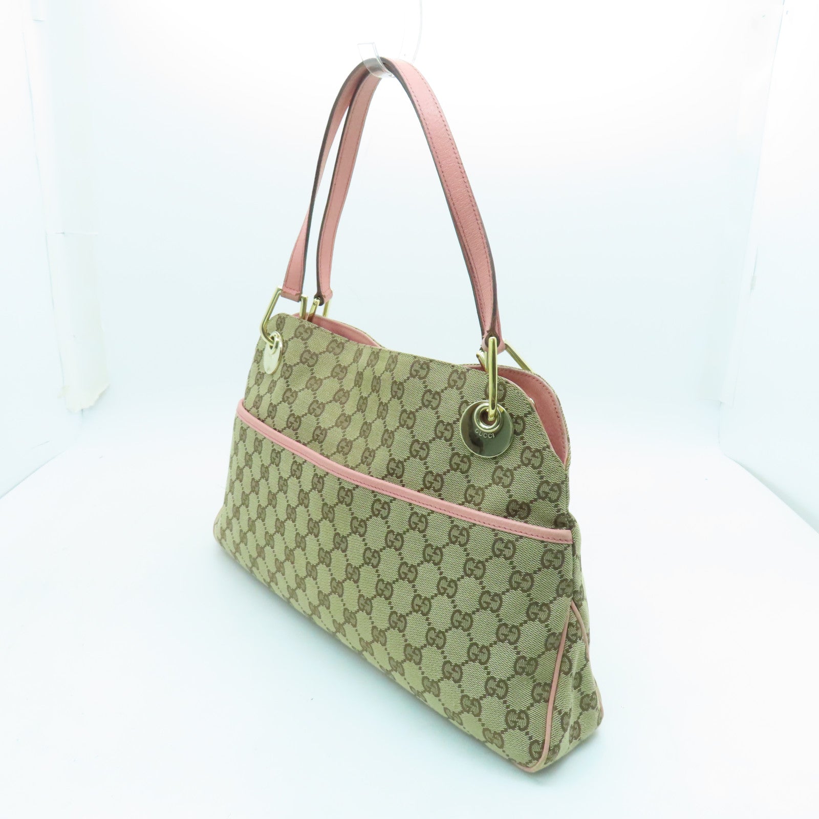 GUCCI Canvas Shoulder Bag Brown/Pink with Gold Buckle