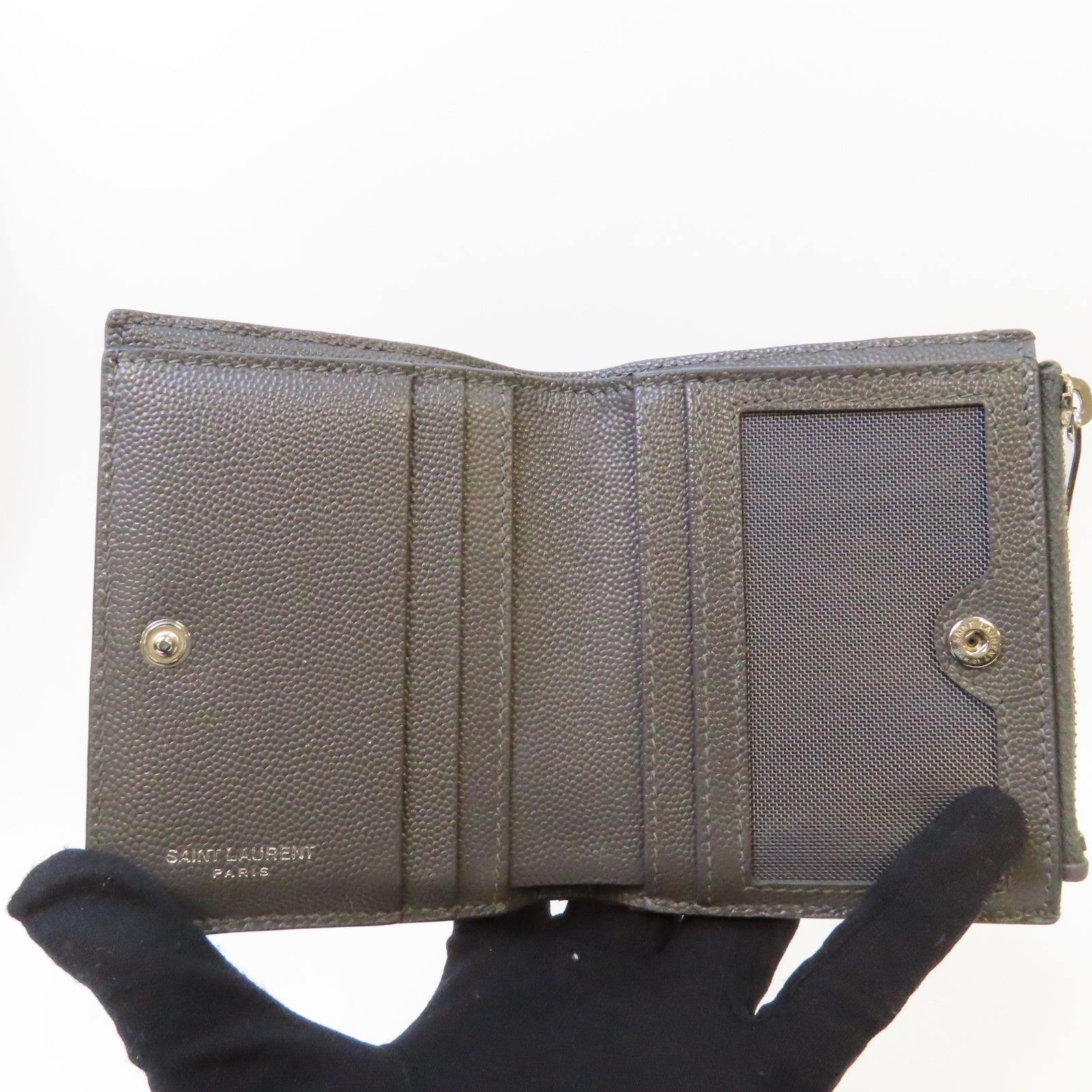 SAINT LAURENT 斜紋牛皮皮革Wallet銀扣錢包灰色