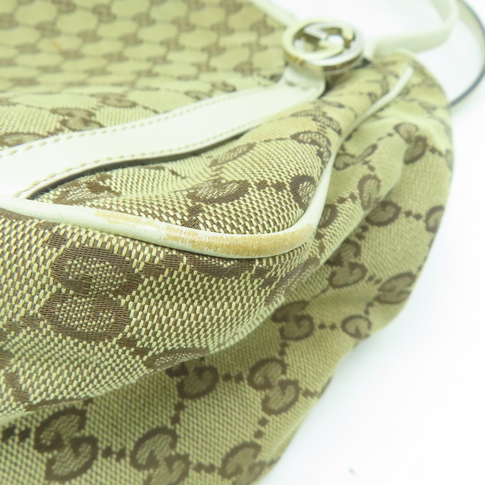 GUCCI 帆布/皮革Shoulder Bag金扣/銀扣肩背袋啡色/白色
