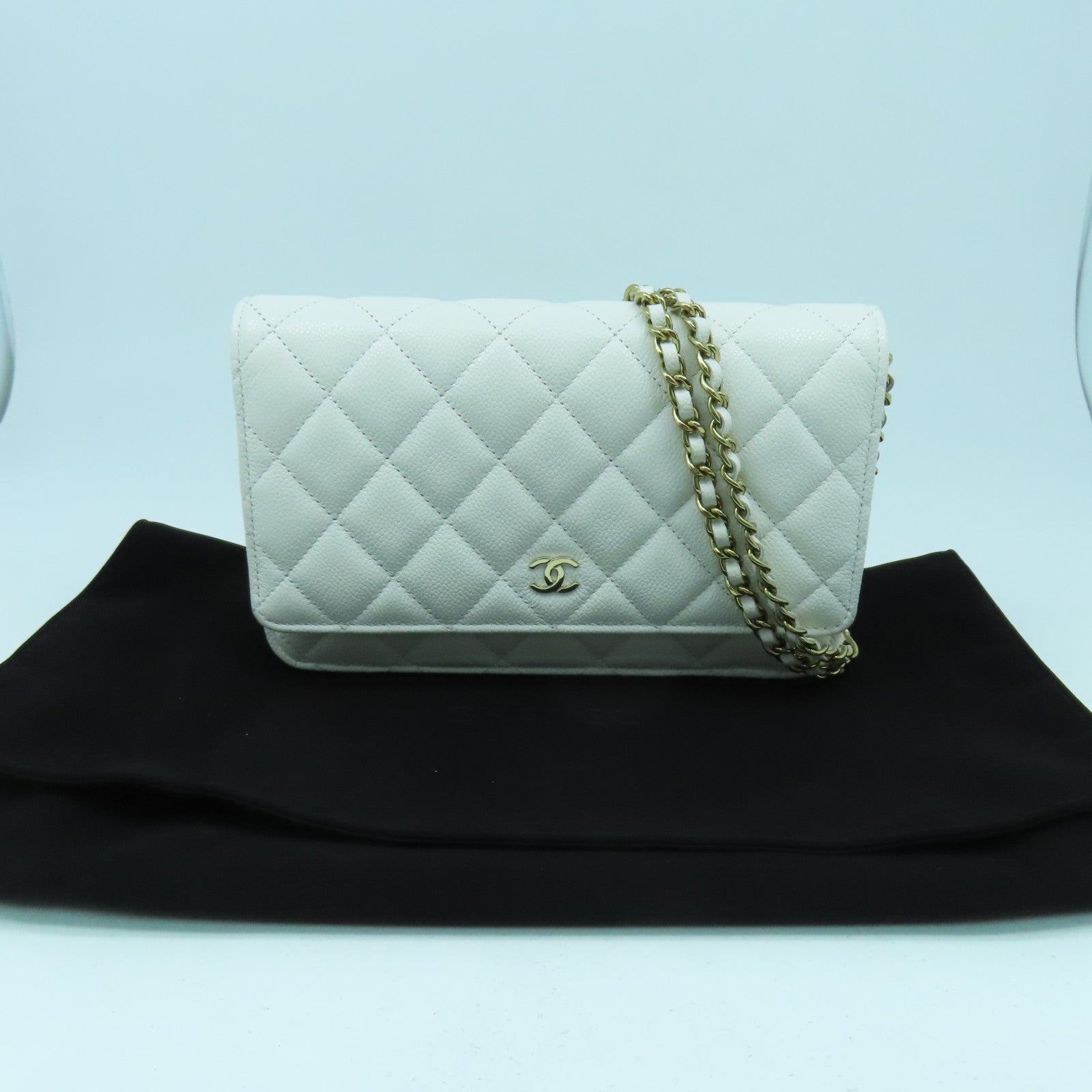 CHANEL 菱格Caviar皮革WOC Wallet On Chain金扣鏈帶肩背袋白色